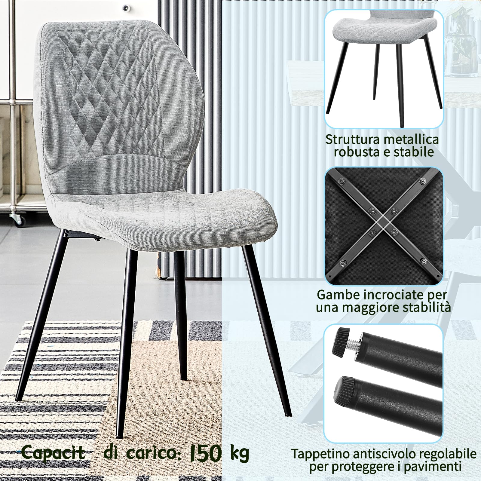 JIJIAN set di 6 Sedie da Pranzo Imbottite in Lino Naturale, Design Ergonomico Moderno per Cucina, Sala da Pranzo, Soggiorno, Camera da Letto, Reception, Grigio
