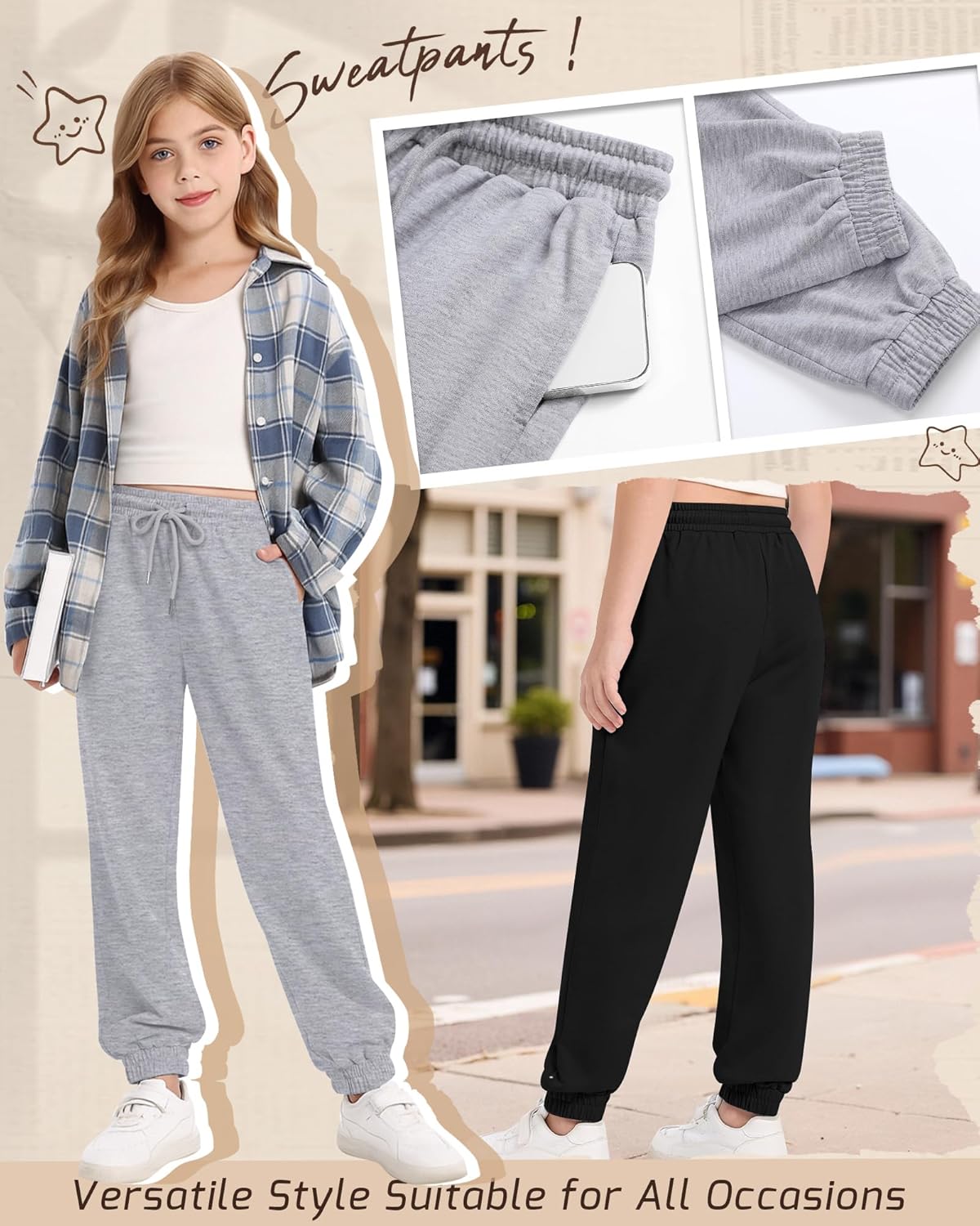 3 Pack Girls Sweatpants Drawstring Wide Leg Baggy Sweat Pants High Waist Active Joggers for Kids with Pockets 5-14Y - Image 4
