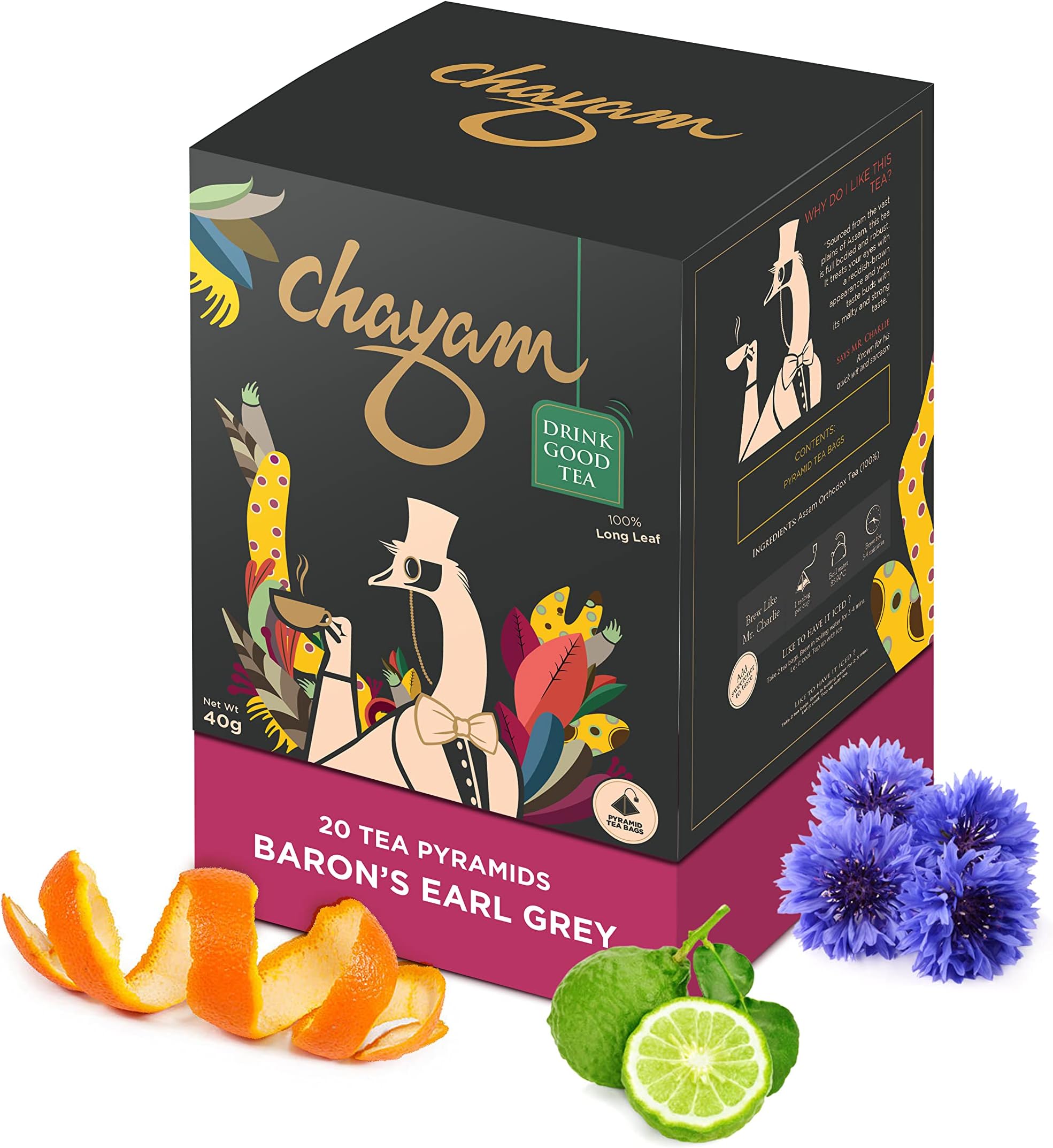 CHAYAM Baron's Earl Grey - 20 Pyramid Tea Bags | Black Tea with Natural Bergamot Oil & Blue Cornflower | Aromatic & Energising Classic Blend | No Added Flavour or Preservatives | Make Hot or Iced Tea