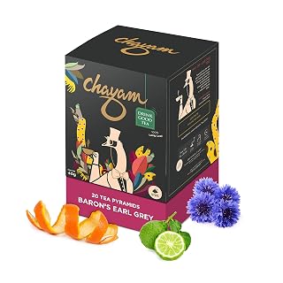 CHAYAM Baron's Earl Grey - 20 Pyramid Tea Bags | Black Tea with Natural Bergamot Oil & Blue Cornflower | Aromatic & Energising Classic Blend | No Added Flavour or Preservatives | Make Hot or Iced Tea
