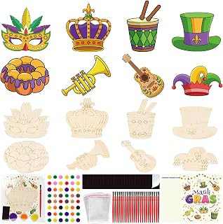 24 Set Mardi Gras Crafts Kit – DIY Unfinished Wooden Painting Kit with Fridge Magnets & Cards, Party Favors for Classroom Activities, Group Events & Holiday Decor