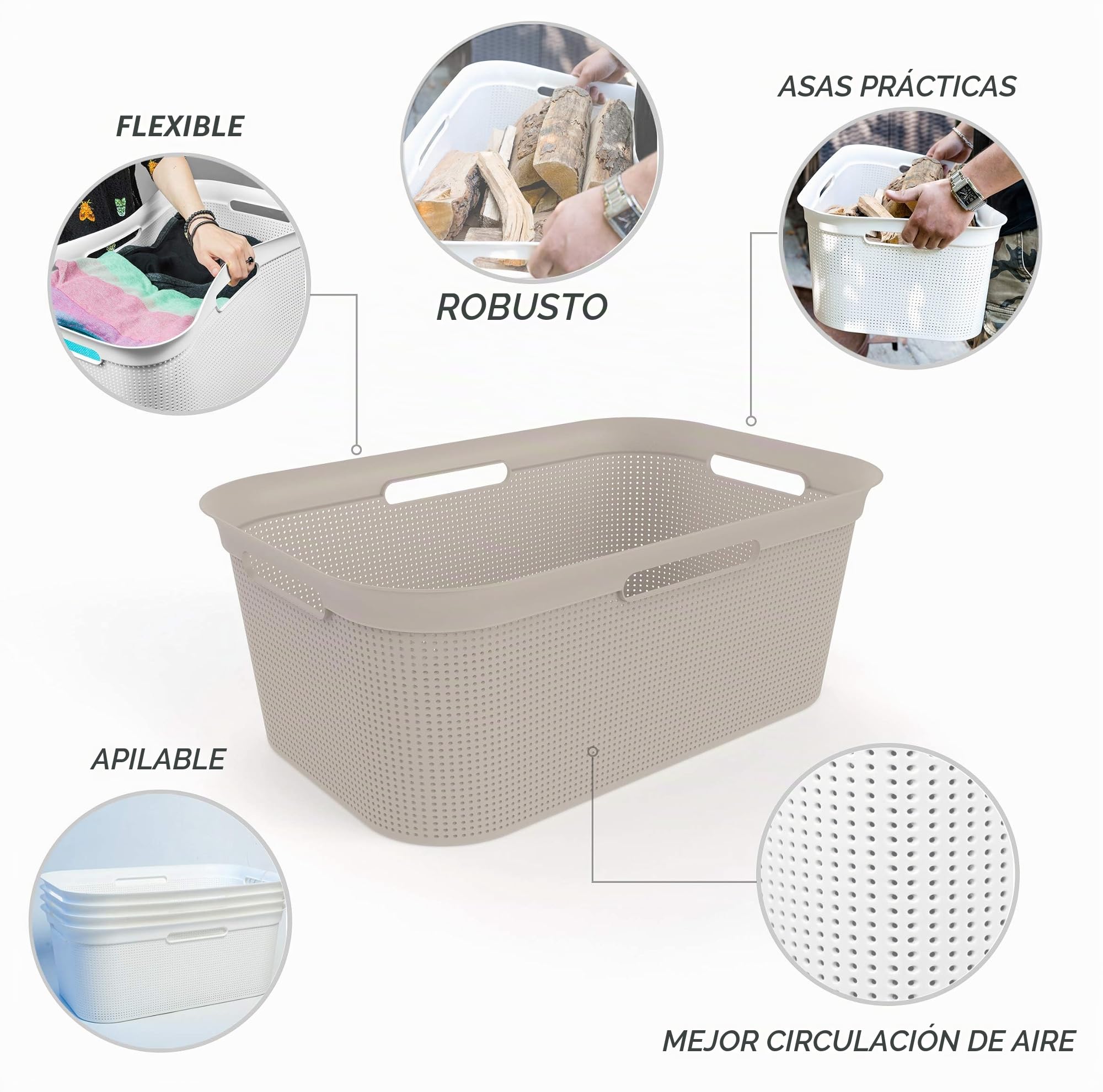 Rotho Brisen Juego de 4 cestas de lavandería 40l, Plástico (PP) sin BPA, beige, 4 x 40l (59.6 x 39.6 x 23.2 cm) | Cajas de lino flexibles con 4 asas, apilables y con ventilación. Libres de BPA y fabricadas en Suiza (59.6 x 39.6 x 23.2 cm).