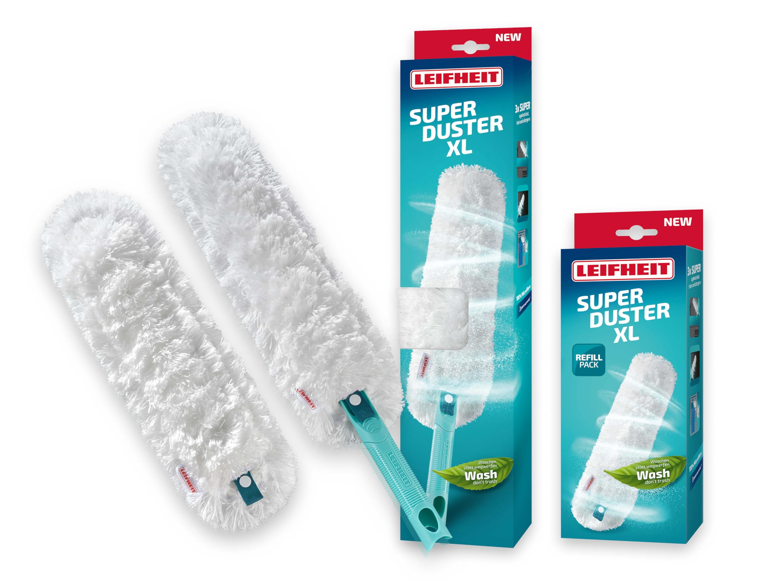 Leifheit SUPERDUSTER XL con Funda de Repuesto, Plumero Lavable con Funda de Microfibra de 360 Grados, Plumero Compatible con el Click System de Leifheit, Lavar no Tirar