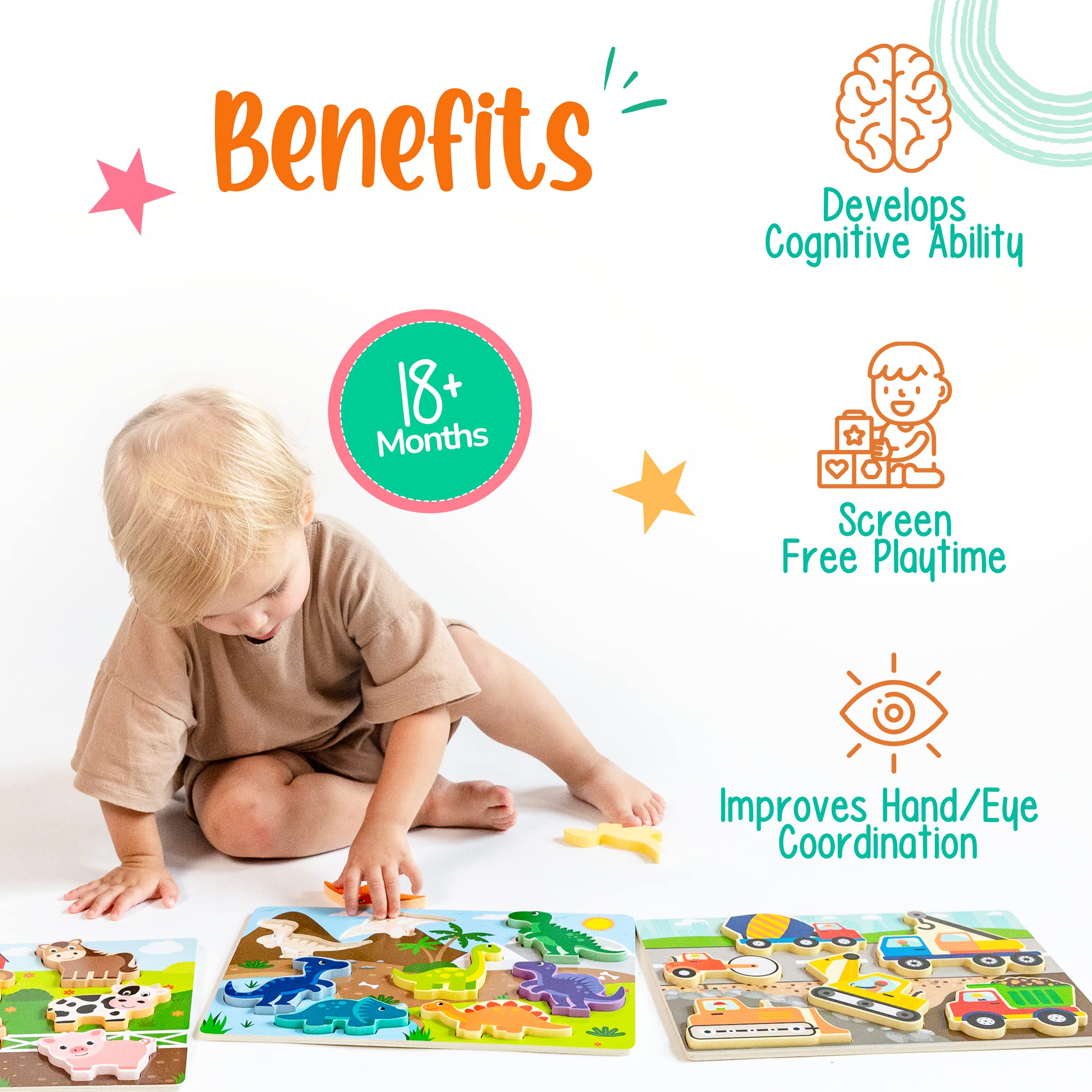 Klevly Holzpuzzle für Kleinkinder von 2 bis 4 Jahren, Holzpuzzle für Kleinkinder von 1 bis 3 Jahren, Montessori-Spielzeug für Kinder von 2 bis 4 Jahren, pädagogisch