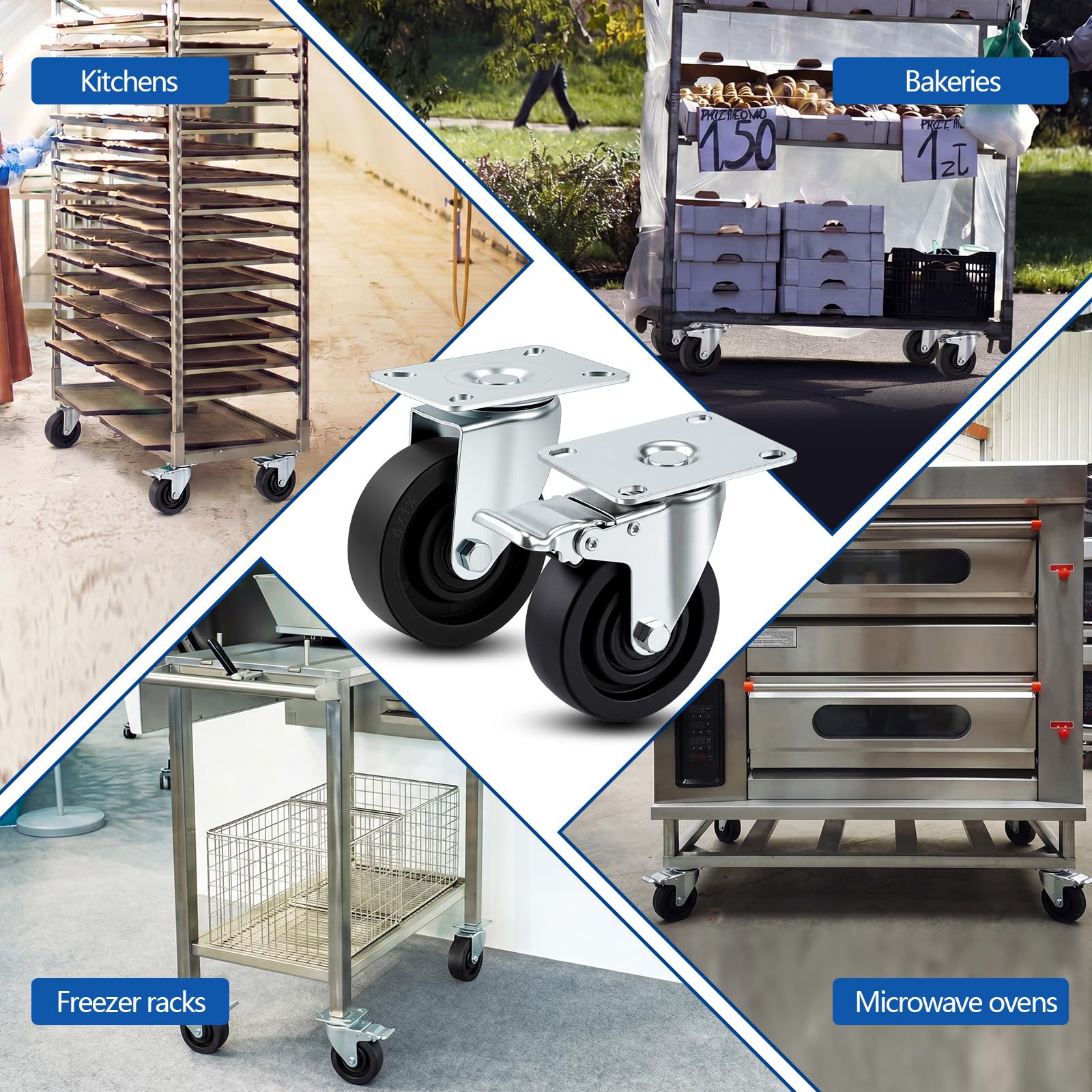 Set di 4 ruote piroettanti da 4 pollici per carrelli da panetteria, resistenti alle alte temperature, girevoli, in acciaio zincato, 446°F (230°C), ruote di ricambio per forno e panetteria, portata