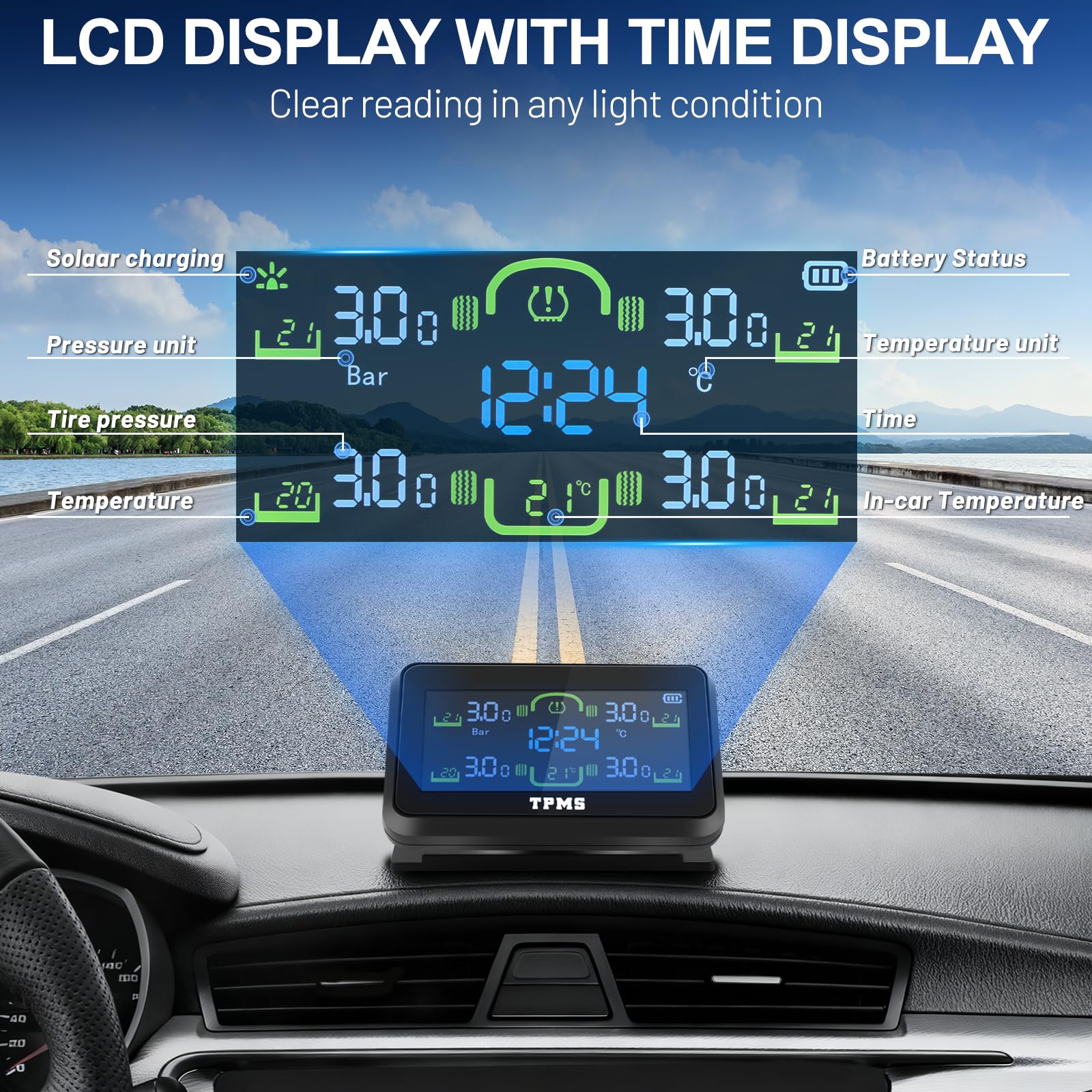 Sistema Sensori di Monitoraggio della Pressione con Indicatore dell'Ora | TPMS Auto con Ricarica Solare/USB, Sistema Sensori di Monitoraggio della Pressione degli Pneumatici con 4 Sensori Esterni
