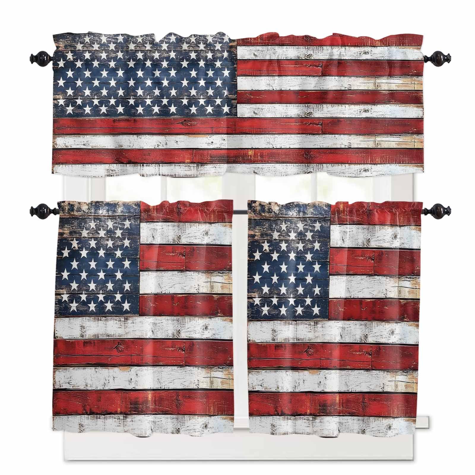 Vintage American Flag Kitchen Curtains 24 Inch Length, 3 Piece Rod Pocket Small Half Tiers and Valance Set, Country Wooden US Flag Small Large Window Treatment Decor for Bedroom/Bathroom Sink