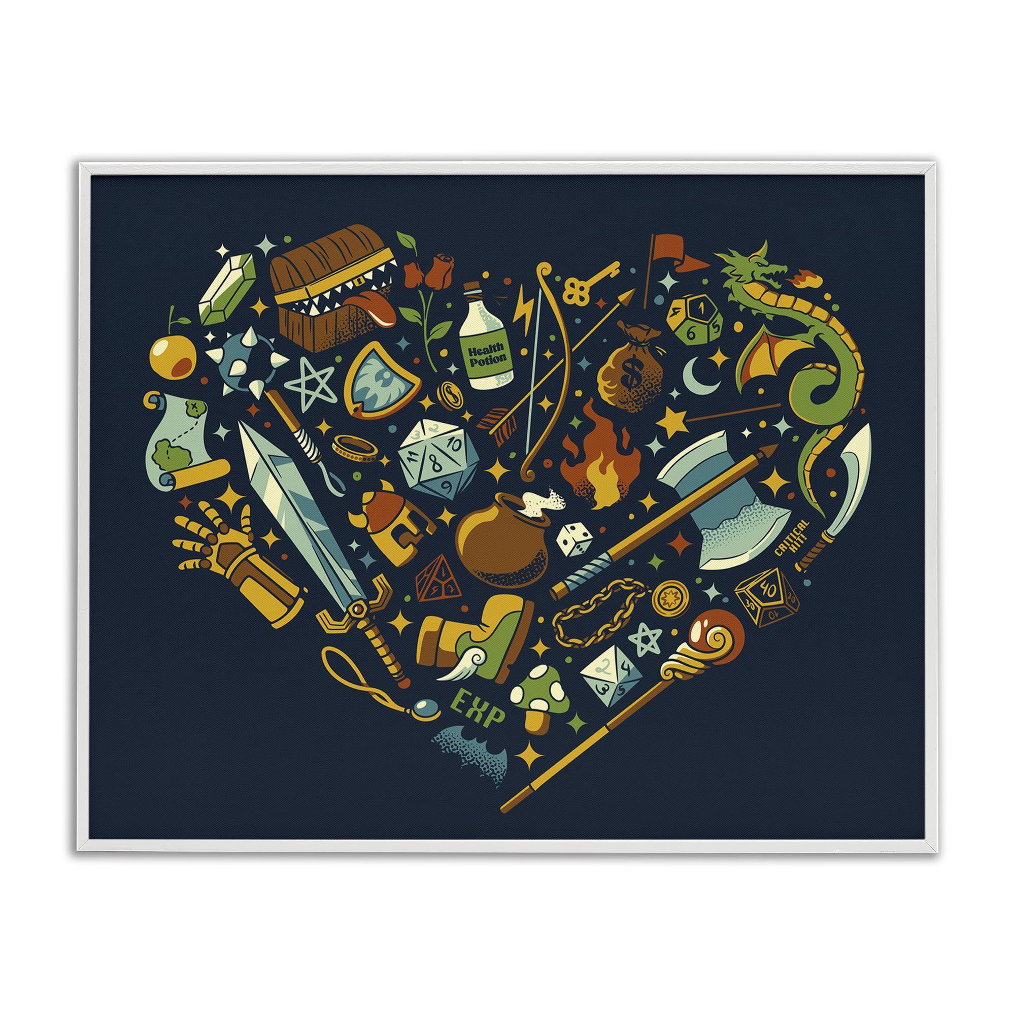 Stupell Industries Dungeon Fantasy Board Game Trinkets with Dragon, Magic, Potion and Treasure, 24 x 30 Inch Framed Giclée Print, by Tobe Fonseca, Made in USA Gift