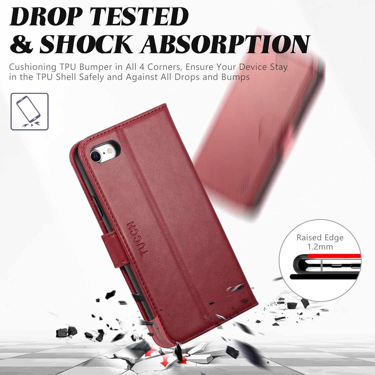 TUCCH Wallet Case for iPhone SE 2022/SE 2020/iPhone 8/7, PU Leather Folio Stand Card Slot Magnetic Closure Flip Cover [TPU Interior Case] Compatible with iPhone SE3/SE2/8/7, Dark Red