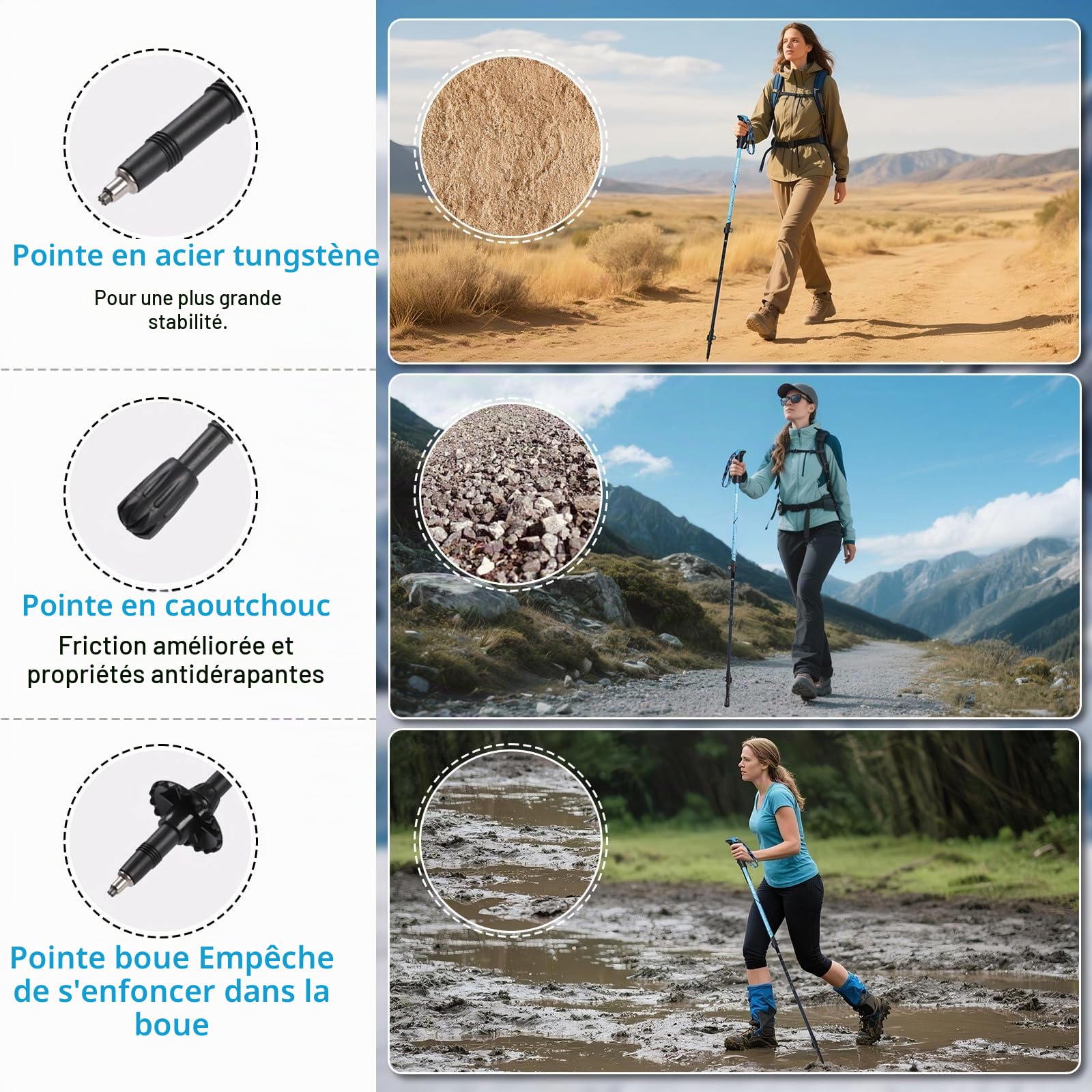 Ninonly Bâton de Marche Télescopique Carbone, Bâtons de Randonnée Nordique pour Hommes & Femmes, Ultralégers avec Poignée EVA et 3 Pointes, 150kg pour Trekking et Sports de Montagne