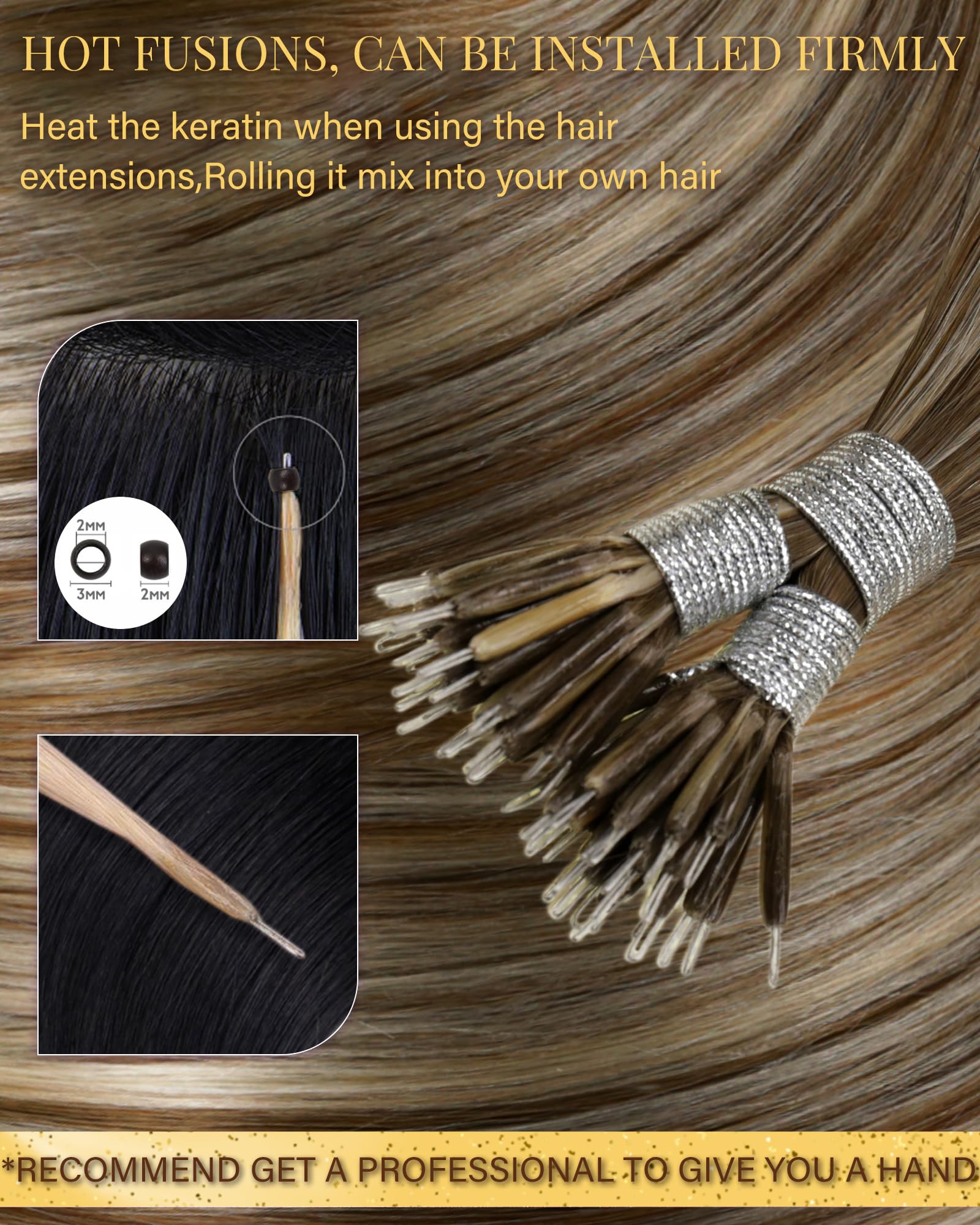 Hetto Nano Hair Extensions Real Human Hair Brown Highlights Blonde 16 Inch, Invisible Nano Beads Human Hair - Image 2