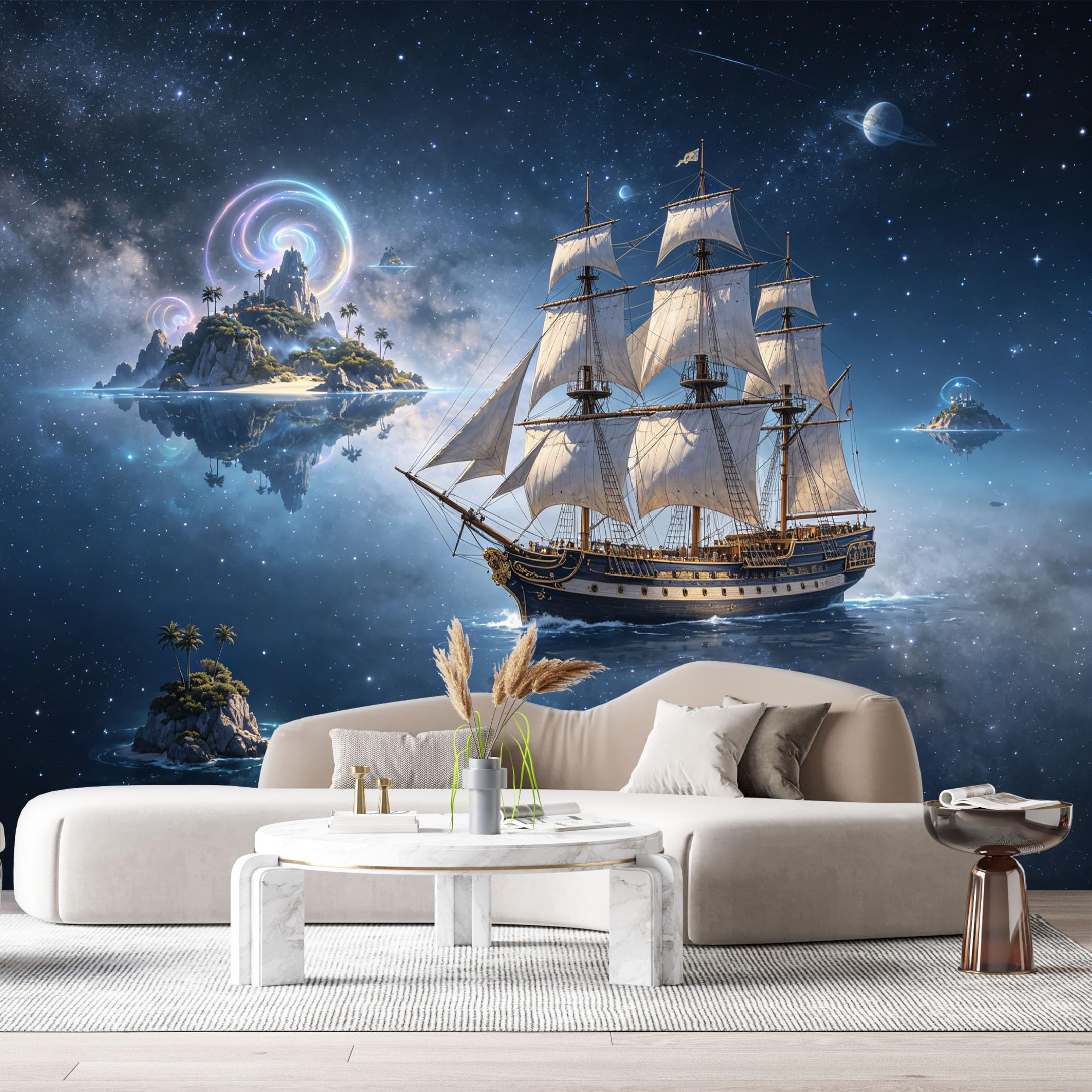 Custom Size Wall Murals Sailing Ship Cosmic Ocean Landscape 3D Trompe L'Oeil SelfAdhesiveWall Fabric Removable Wallpaper Wall Decor for Living Room Bedroom Bathroom