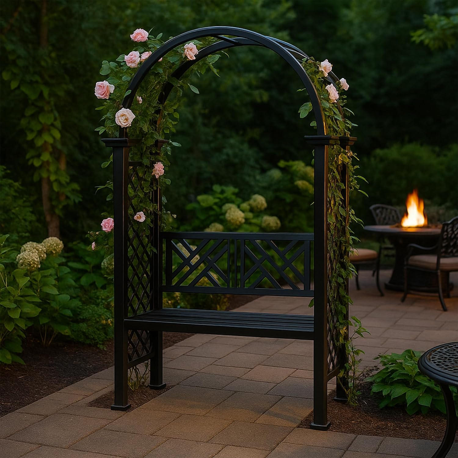Oakland Living Black Aluminum Garden Arbor Arch with 2-Seater Bench
