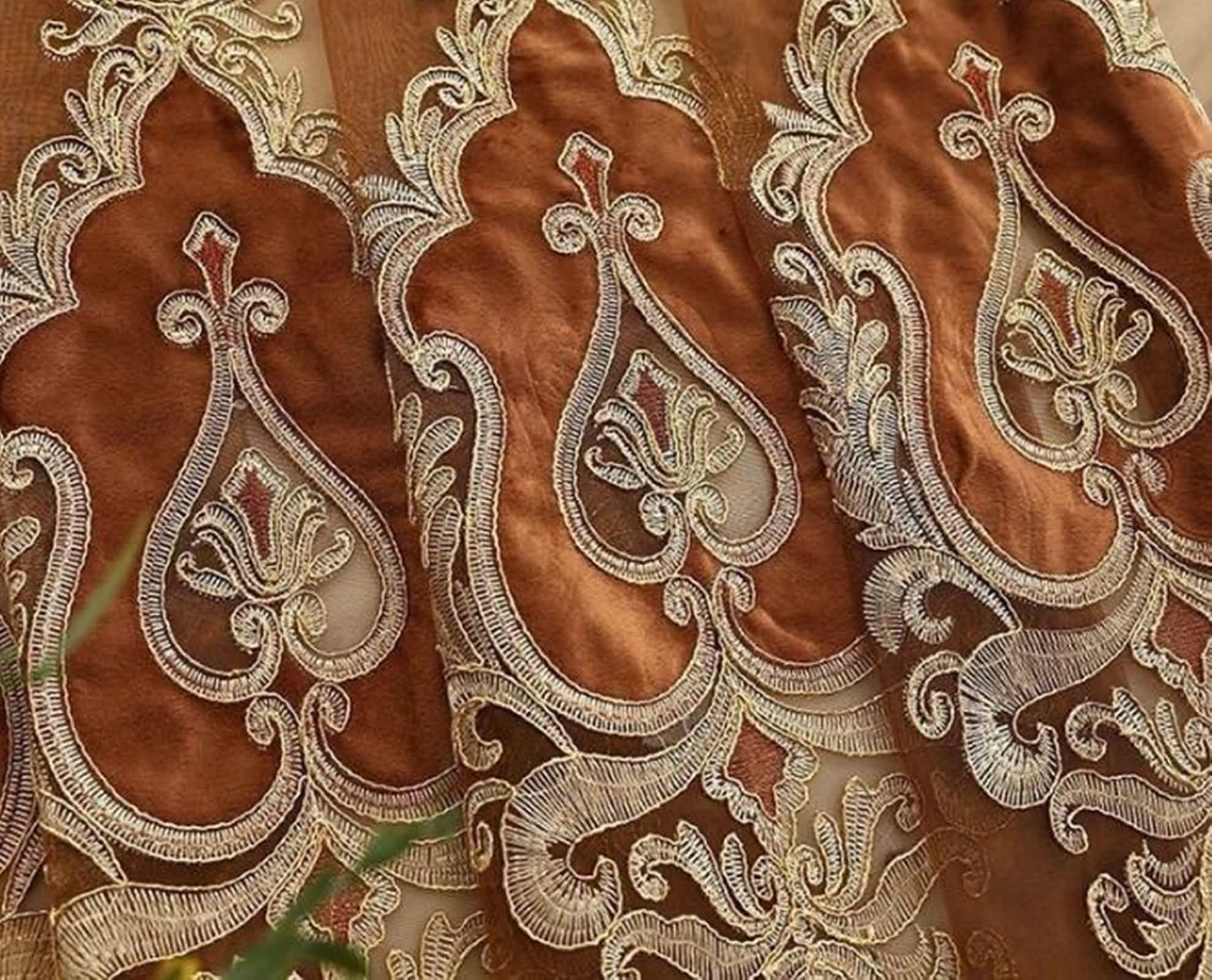 2 Pannelli Tende in Voile,2 x 107W x 214H CM,Tende in Tulle per Cucina Marrone Motivo Ricamato Tende con Gancetti