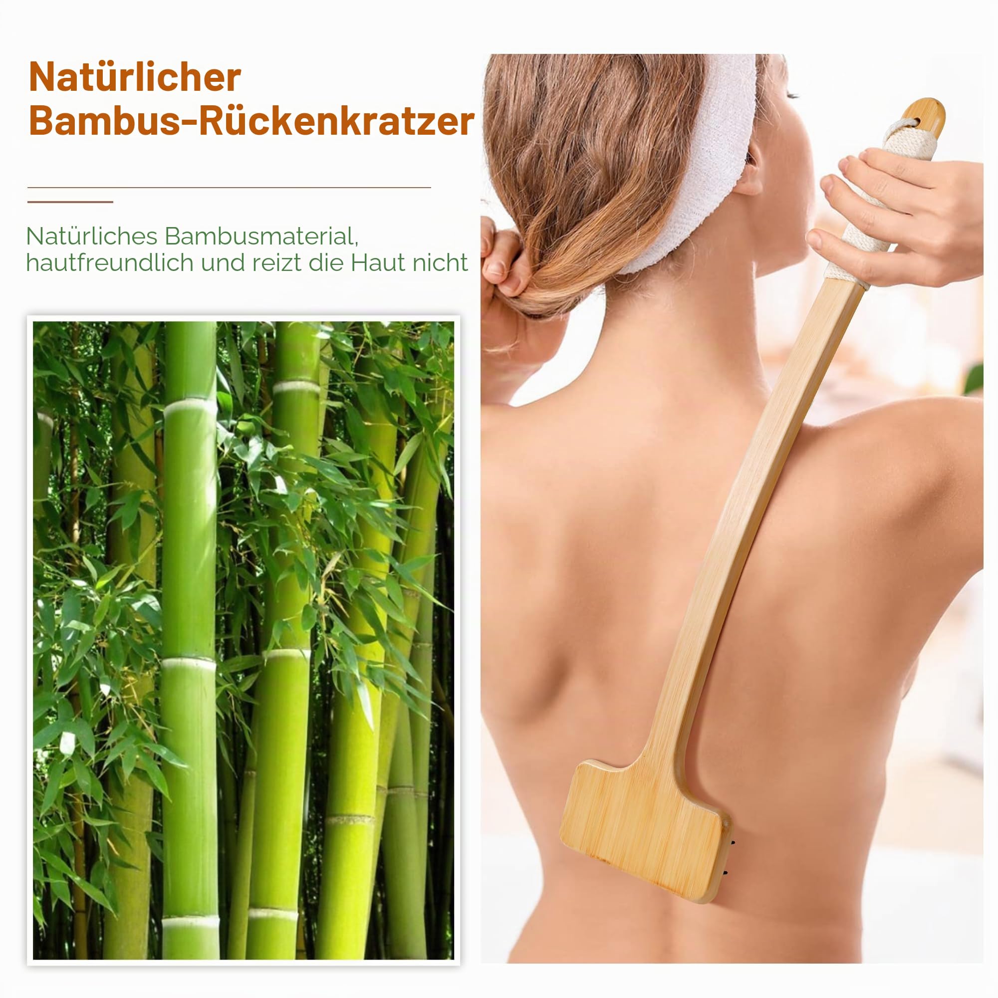NURENDER Rückenkratzer Bambus, 55cm Extra Langer Griff Back Scratcher, Kratzhand Rückenkratzer, 2 in 1 Rückenmassagegerät und Körperkratzer für Erwachsene, Schwangerschaft, ältere Menschen