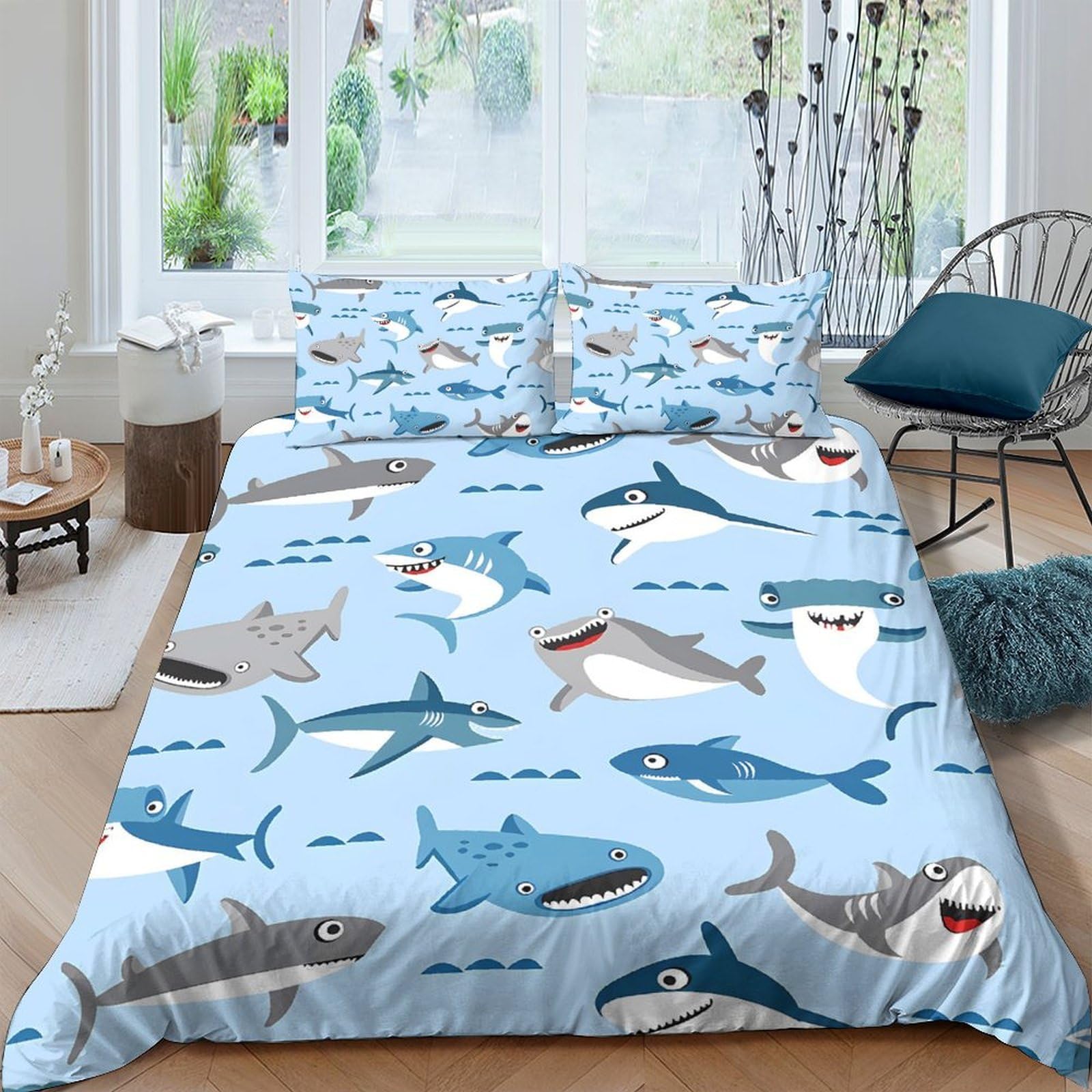 Ctjqhvkz Style-3 3D Printed Shark Ocean Fitted Sheet Microfiber Soft Blue Marine Life Mattress Cover For Bedroom Dorm Decor Single（135X200cm）