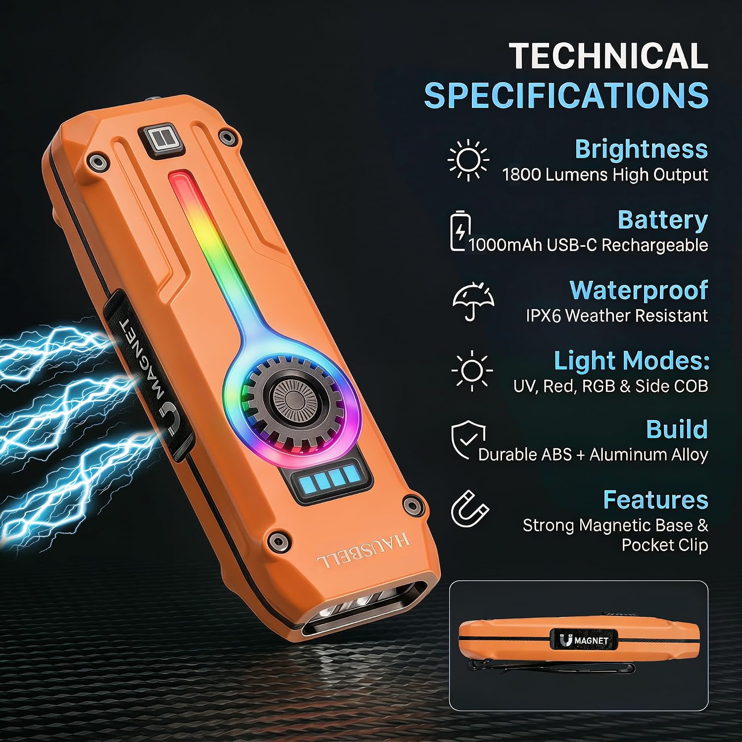 HAUSBELL Flat EDC Flashlight 1800 High Lumens, Stainless Steel Rechargeable Pocket Light with UV Blacklight, Red Light for Cats, Arrow-Shaped RGB Beacon, Magnetic Work Light, USB-C Stepless Dimming
