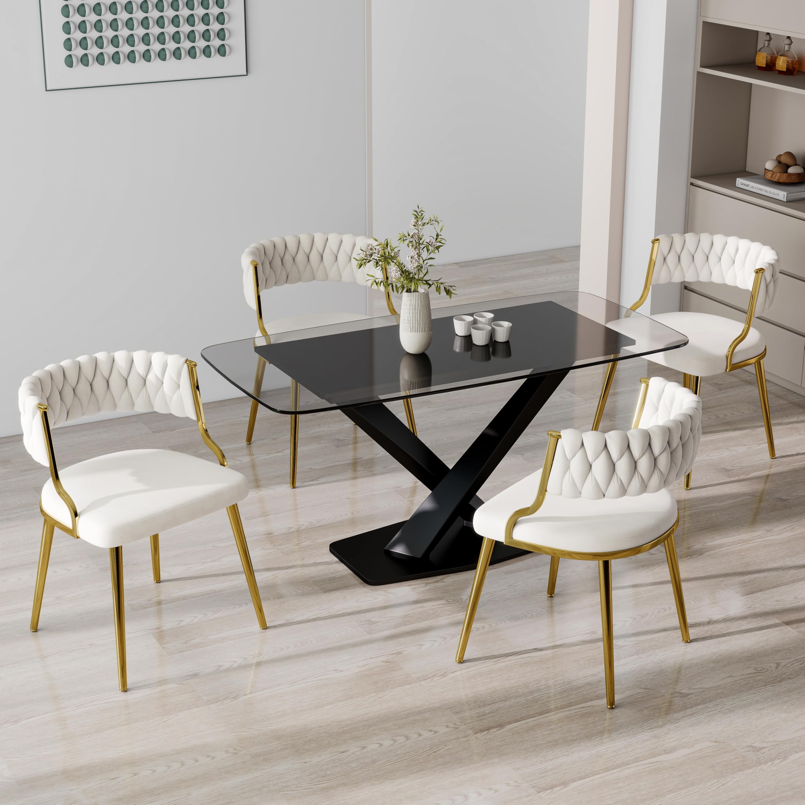 UIXE Velvet Dining Chairs Set of 4, Modern Upholstered Dining Chair with Golden Legs, Woven Accent Chair Side Seats for Living Room, Vanity, Bedroom,