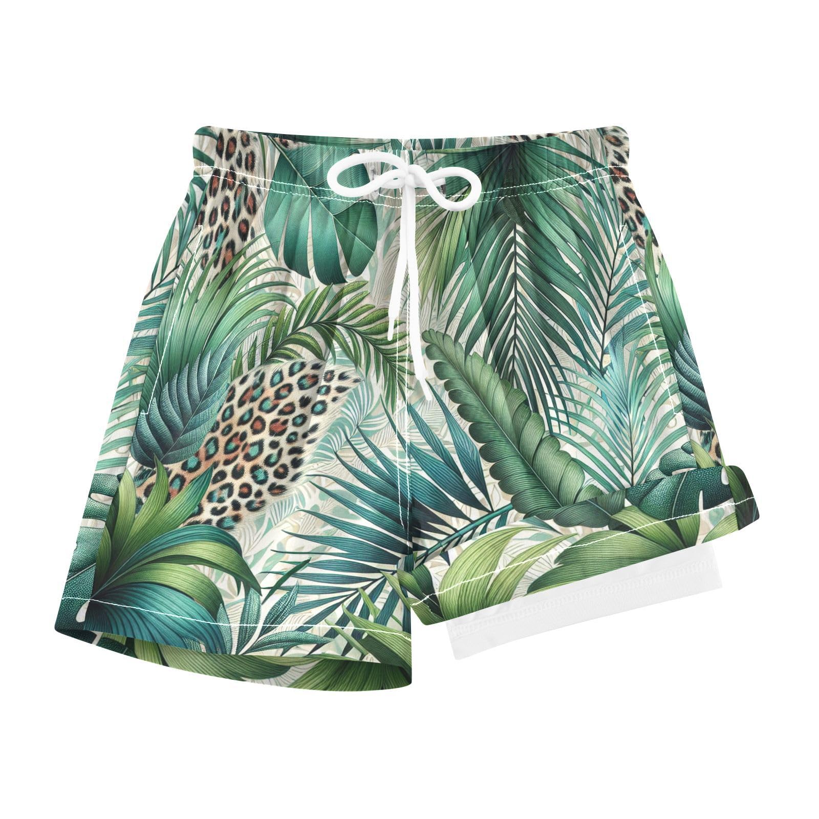 YANENDIE Boy Swim Trunks with Compression Liner Vibrant Palm Leaves Leopard Print Boys Swim Shorts Quick Dry Beach Shorts
