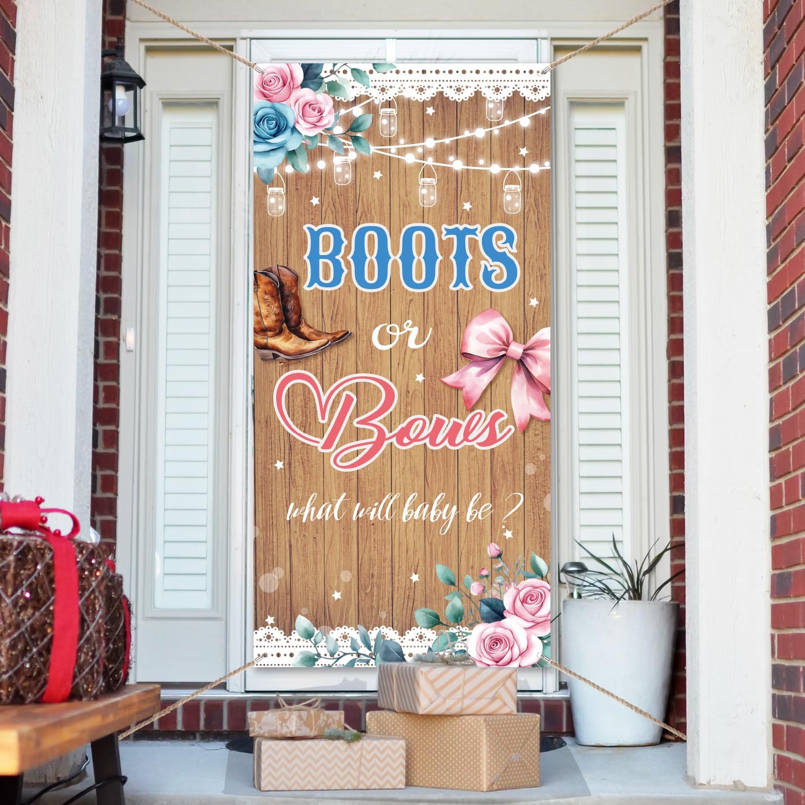 arricraft 1 Pc Polyester Boots or Bows Gender Reveal Door Cover, Cowboy Themed Boy or Girl Baby Gender Reveal Backdrop Banner Decoration for Indoor Outdoor Porch Home Decor Accessories