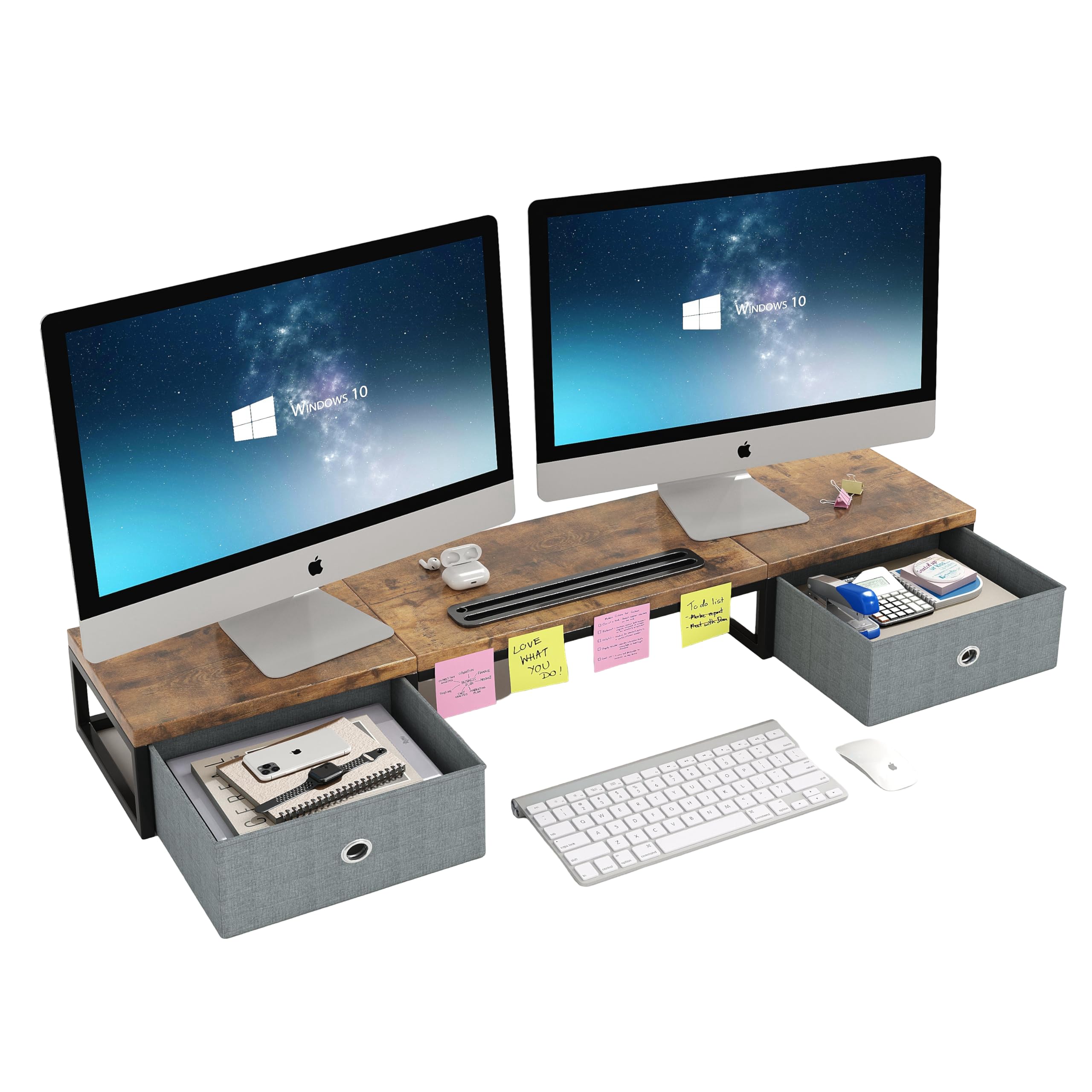 CAIYUN Wooden Monitor Stand With 2 Drawers, Riser With Smartphone Holder, 100cm Long Computer Stand, Desk for Printer (Rustic Brown)