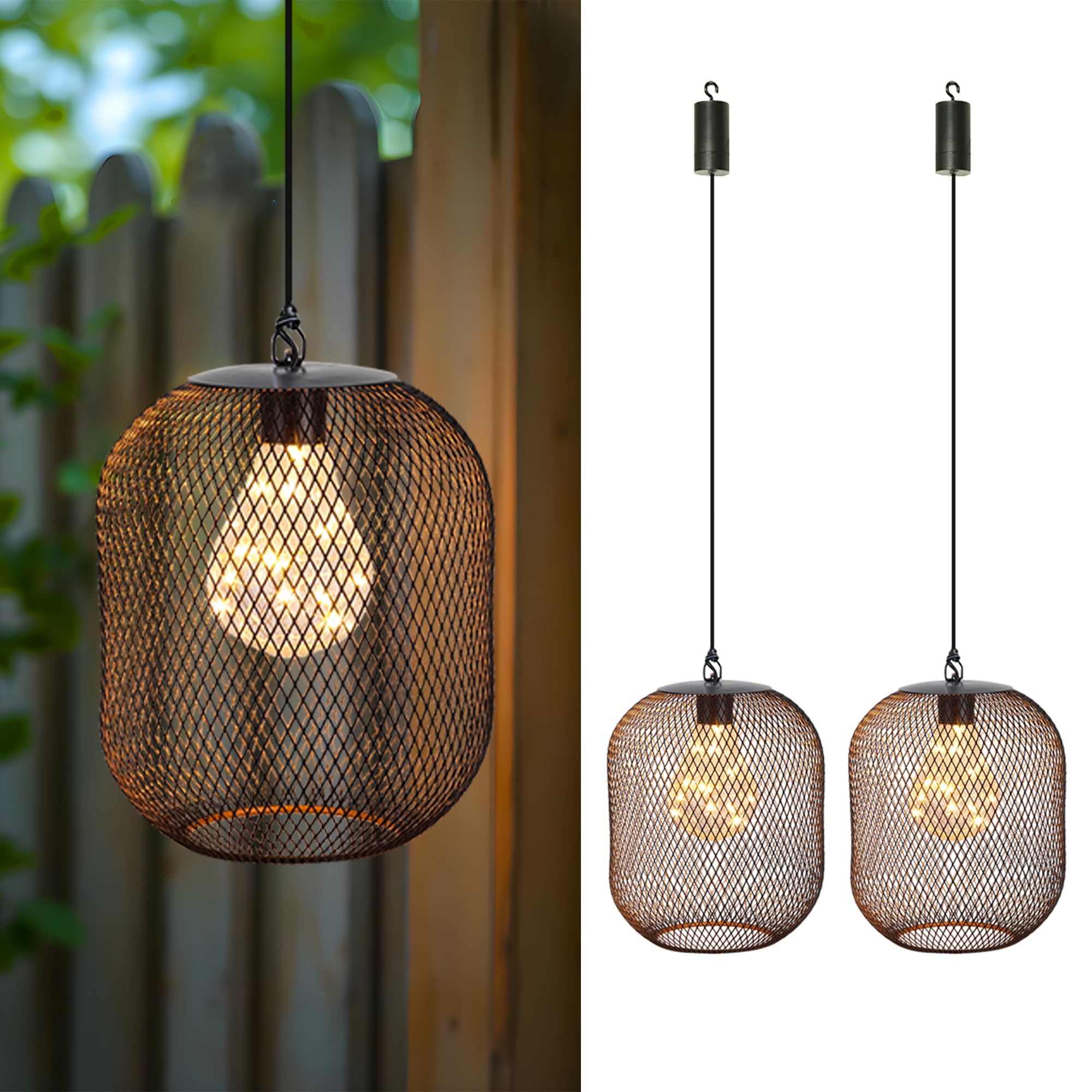 TRIROCKS Set of 2 Metal Battery Operated Hanging Lantern with 6-Hour Timer Mesh Cage Decorative Pendant Lamp with Warm Fairy Lights Bulb for Home Living Room Garden Outdoor Black