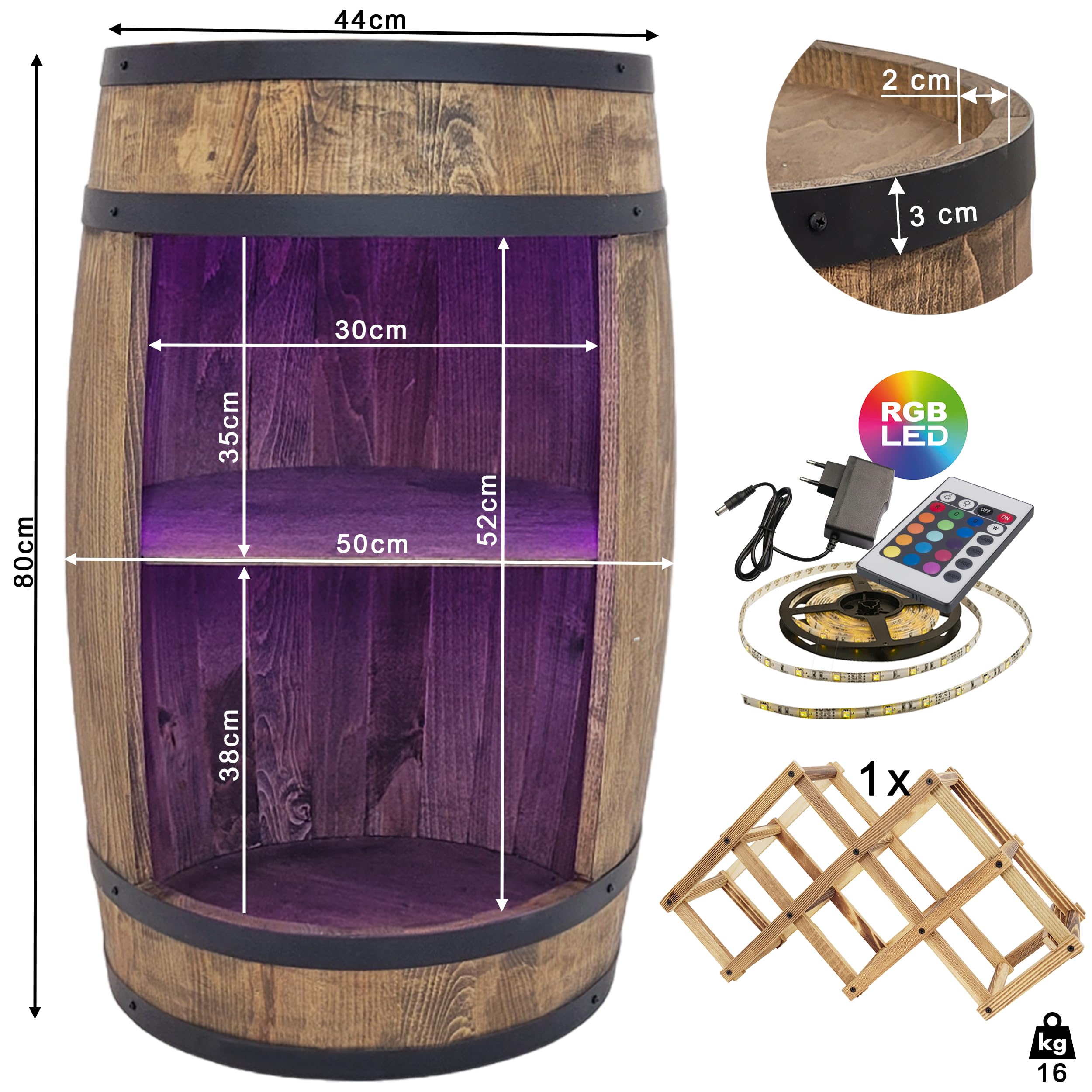 weeco Barril de madera con soporte para vino, iluminación LED RGB, estantería para vino, decoración rústica, armario de bar, barra de barril