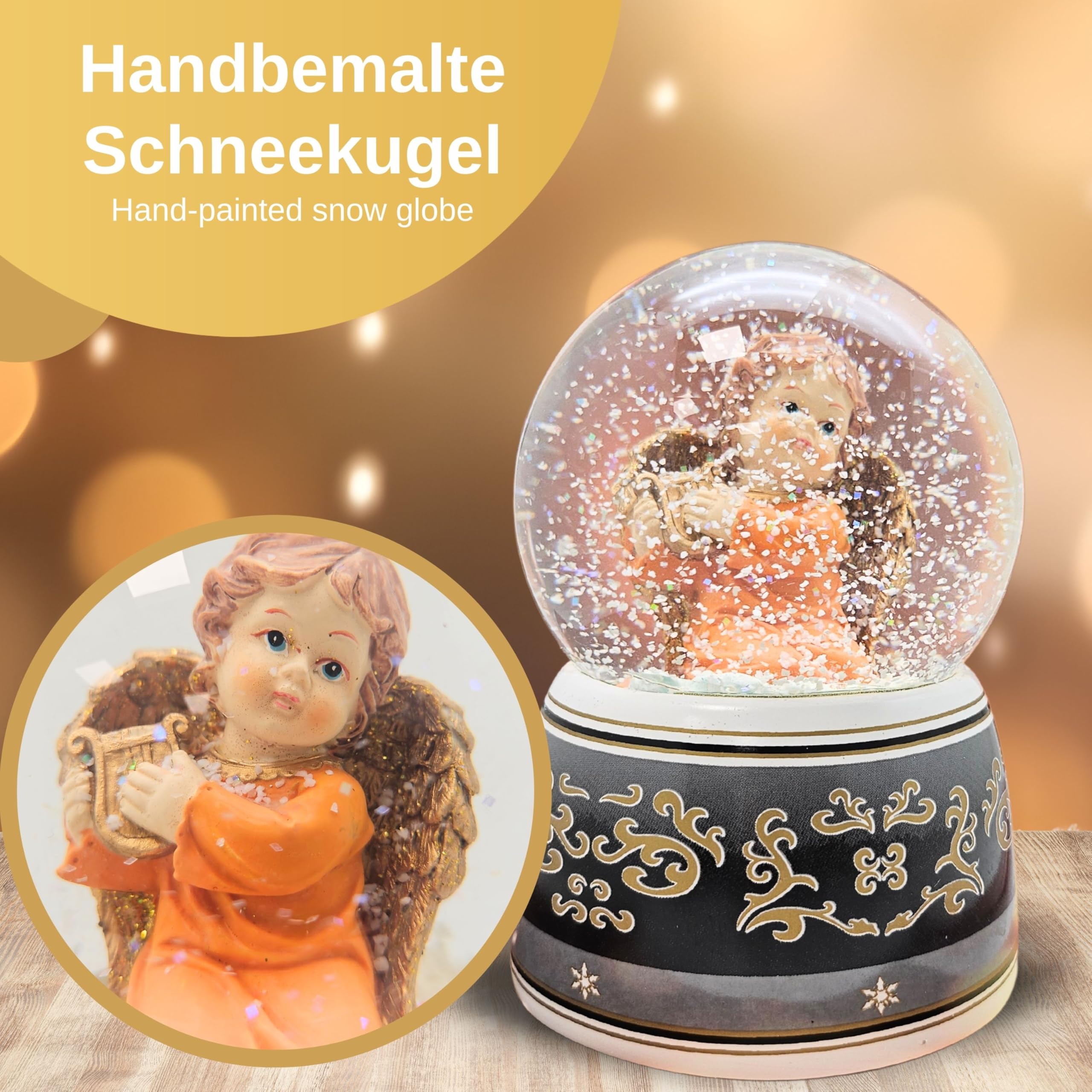 Schneekugel Spieluhr Engel | Harfe mit Flügel Gold mit Spieluhr Ode an die Freude | 140mm hoch | 100mm Durchmesser | Schüttelkugel Glitzerkugel | 20034