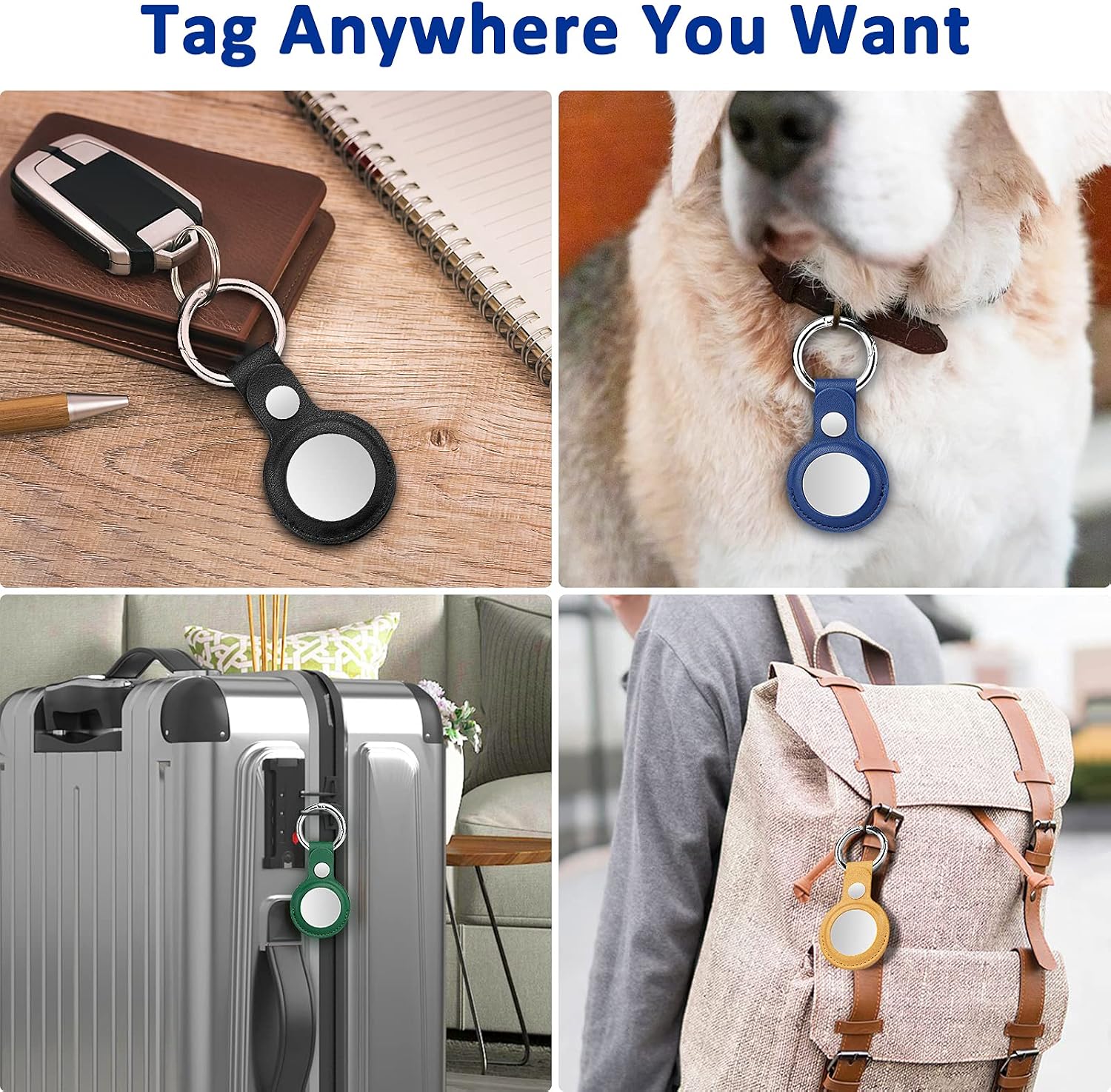frevivim airtag keychain4 pack protective airtag holder case for keys bags and dogs collar compatible with apple airtags black blue green brown