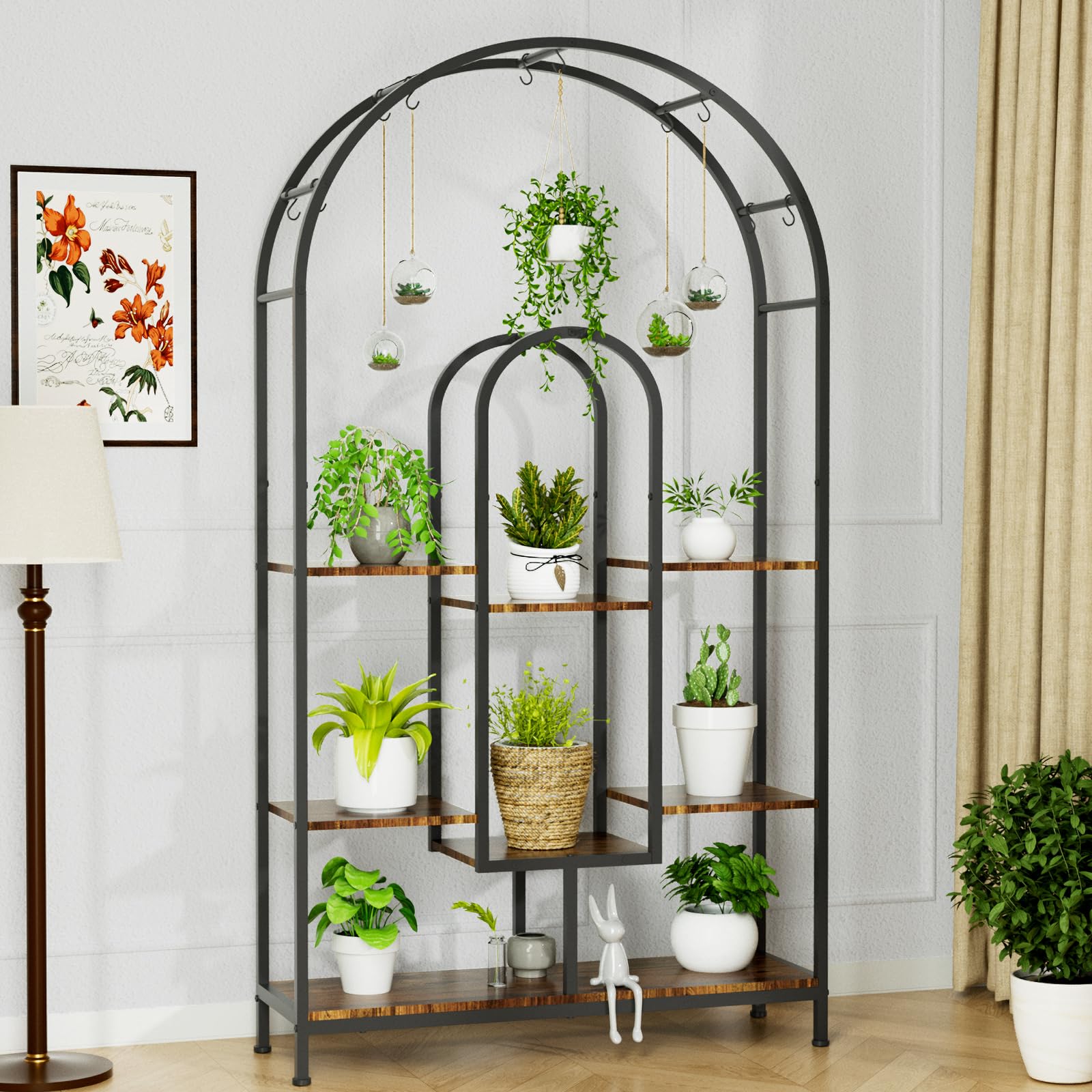 VyGrow Tall Plant Stand, 182cm High Arch Large Flower Stand Book Shelf, 5 Tier Multipurpose Metal Display Stand Decorative Shelves for Home Office, Indoor & Outdoor, 80 x 30 x 182 cm, Black