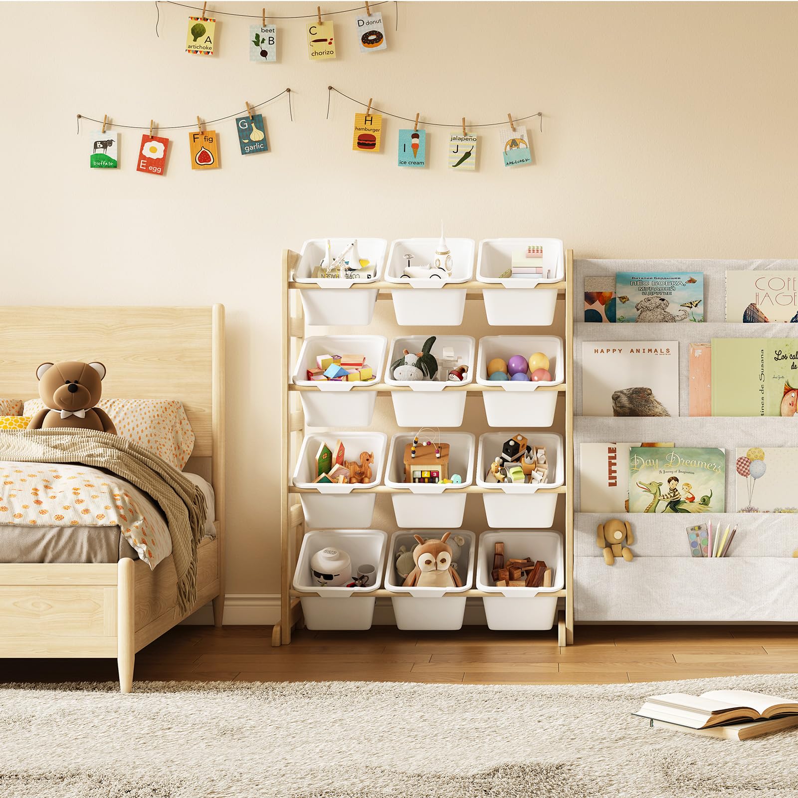 EXPERLAM Organizador de almacenamiento de juguetes con estantería, 12 contenedores de almacenamiento, estante multiusos de 4 niveles para organizar juguetes y libros para habitación de niños, sala de