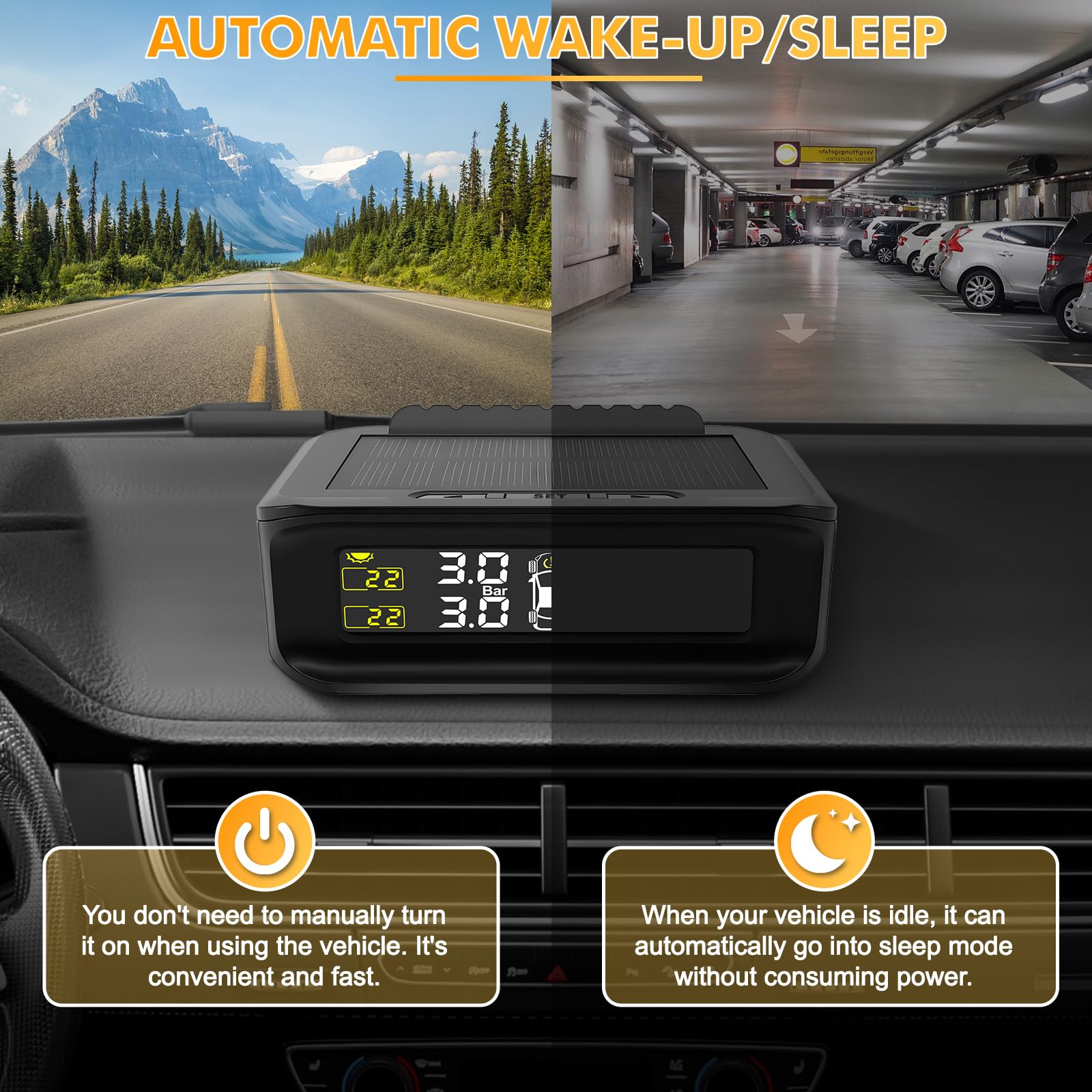 TPMS Sistema de Monitoreo de Presión de Neumáticos, Carga Solar/USB, 5 Funciones de Alarma, 4 Sensores Externos, 0-87 PSI/0-6.0 Bar,Compatible Berlina/SUV/MPV