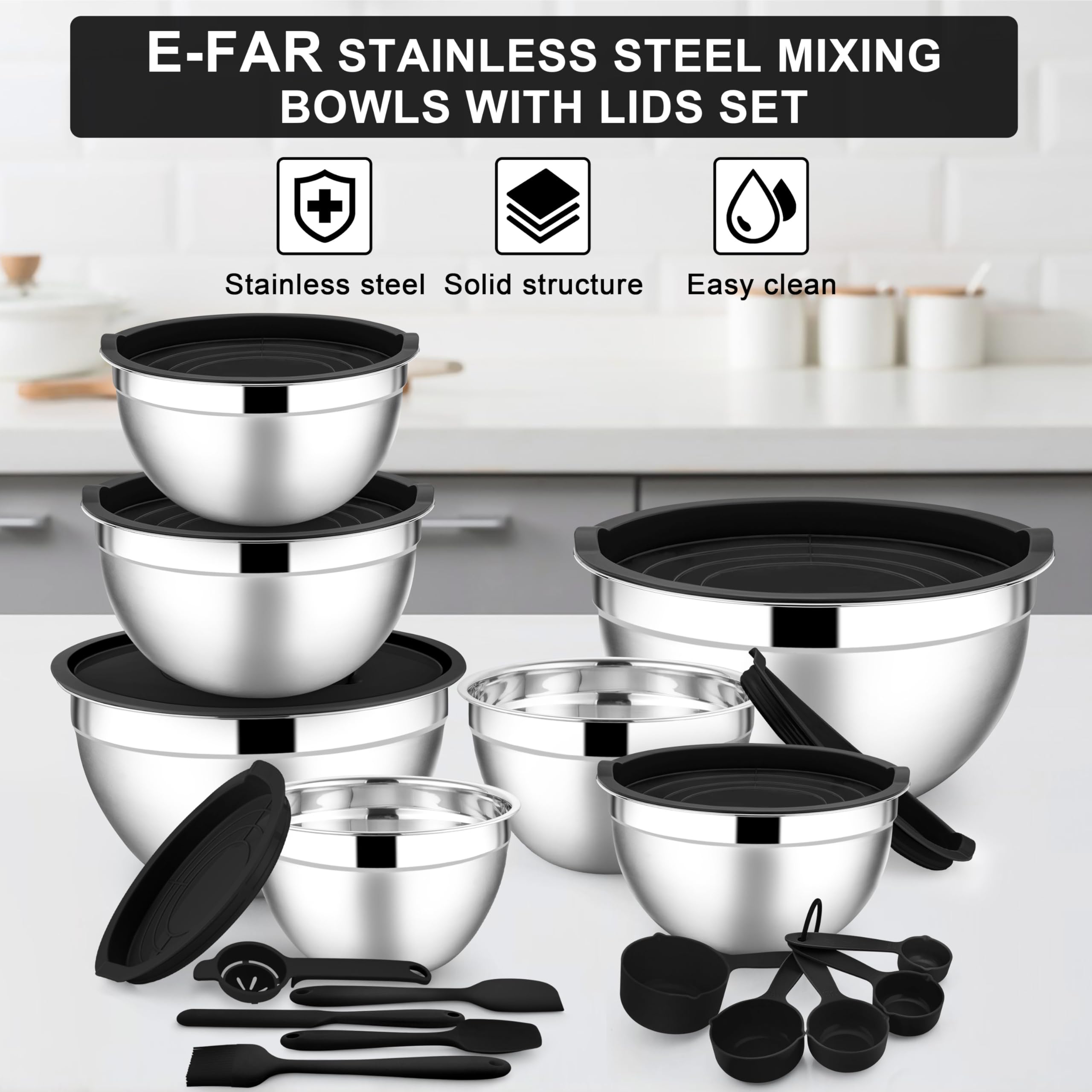 E-far Rührschüsseln mit Deckel, 21-teiliges Edelstahl-Salat-Rührschüsseln mit 3 Reibeaufsätzen, Größe 7, 4,6, 3,5, 2,6, 2, 1,5, 1QT, Nesting-Design und schwarzer, luftdichter Deckel, zum