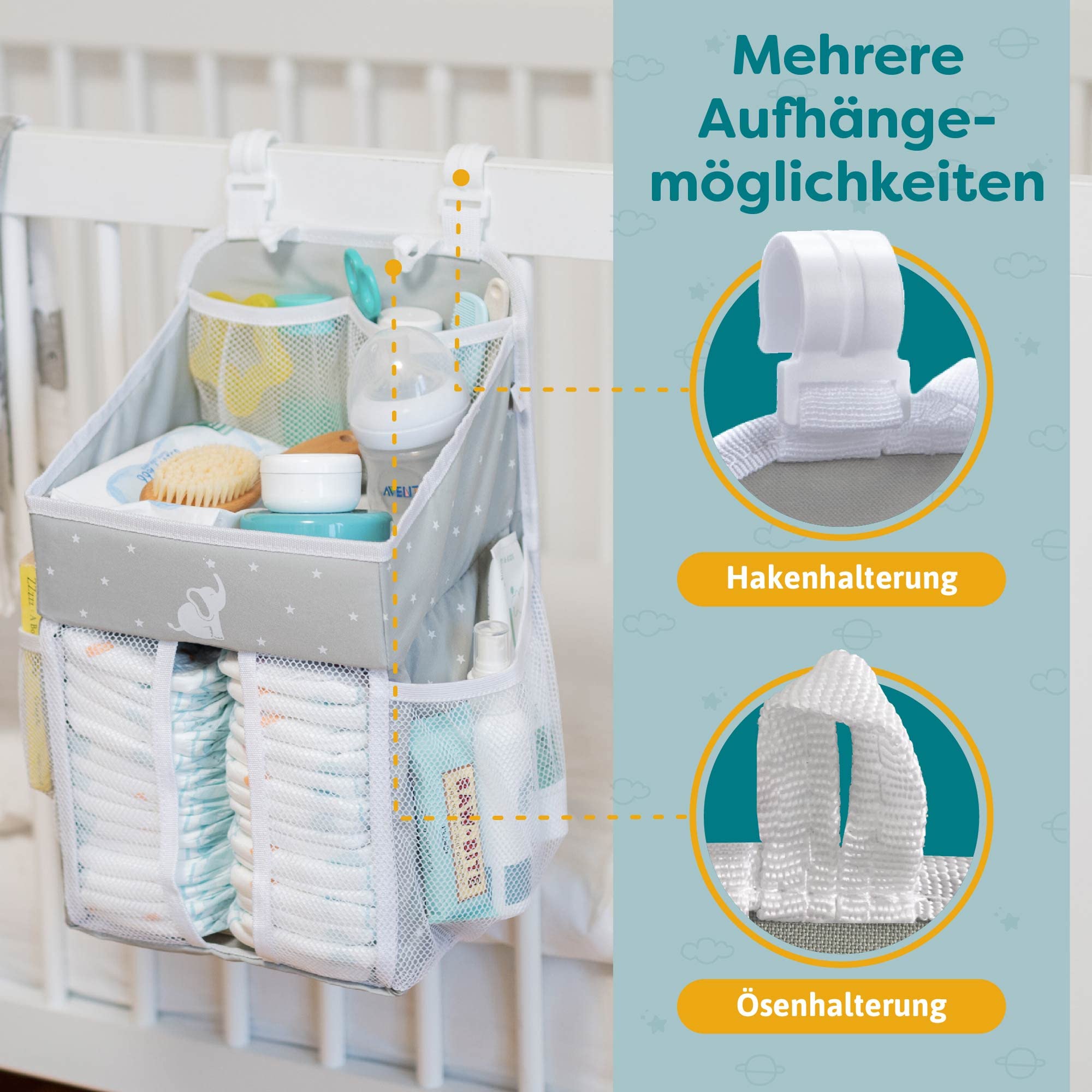 Windelablage zum Aufhängen – Wickeltisch-Organizer/Windel-Organizer für Kinderzimmer – Baby Essentials – Windel-Aufbewahrungs-Organizer mit mehreren Taschen – Grau – 17 x 9 x 9 inches