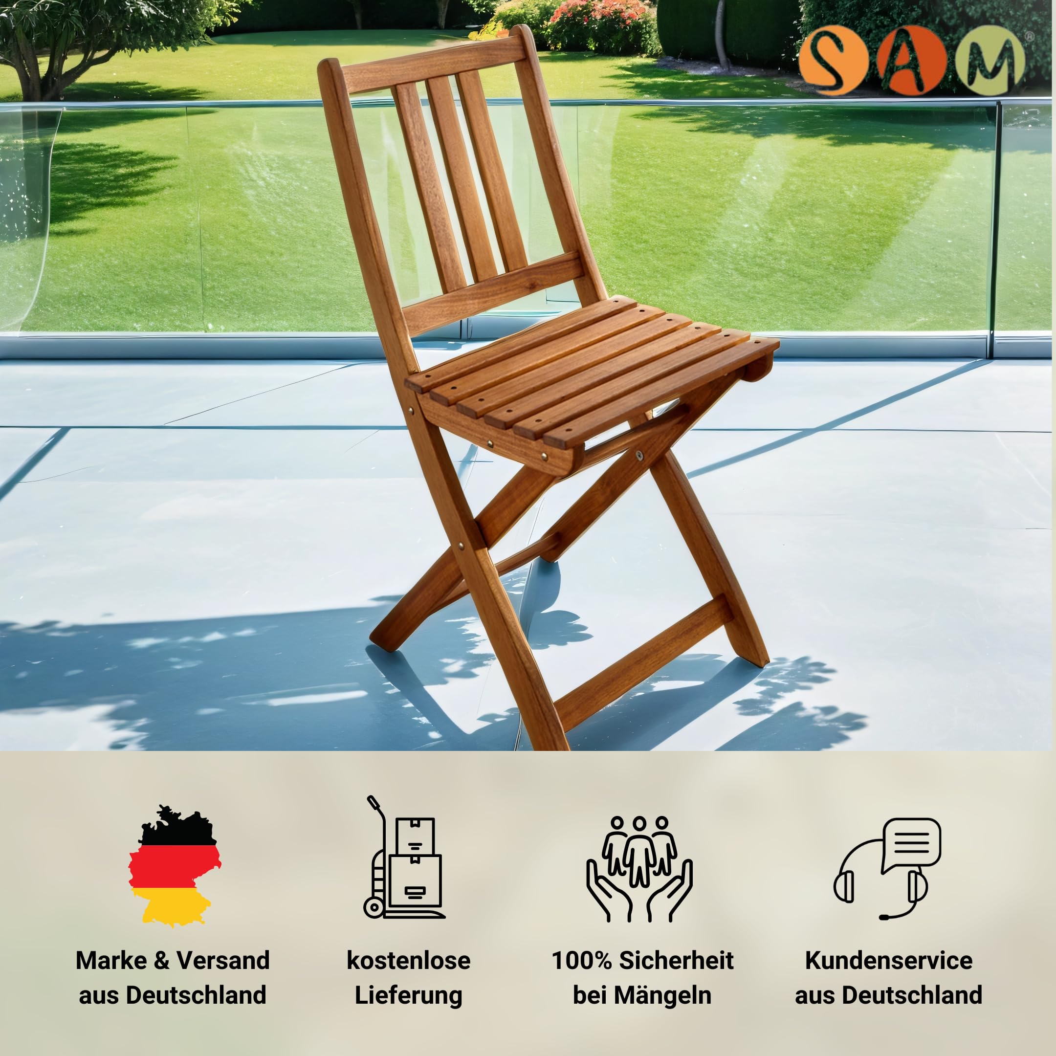 Loreno Gatrtenstuhl 2er Set aus robustem Akazienholz Klappbar Holz | Gartenmöbel Set, Balkonstühle, Wetterfest & Pflegeleicht, Ideal für Garten & Terrasse