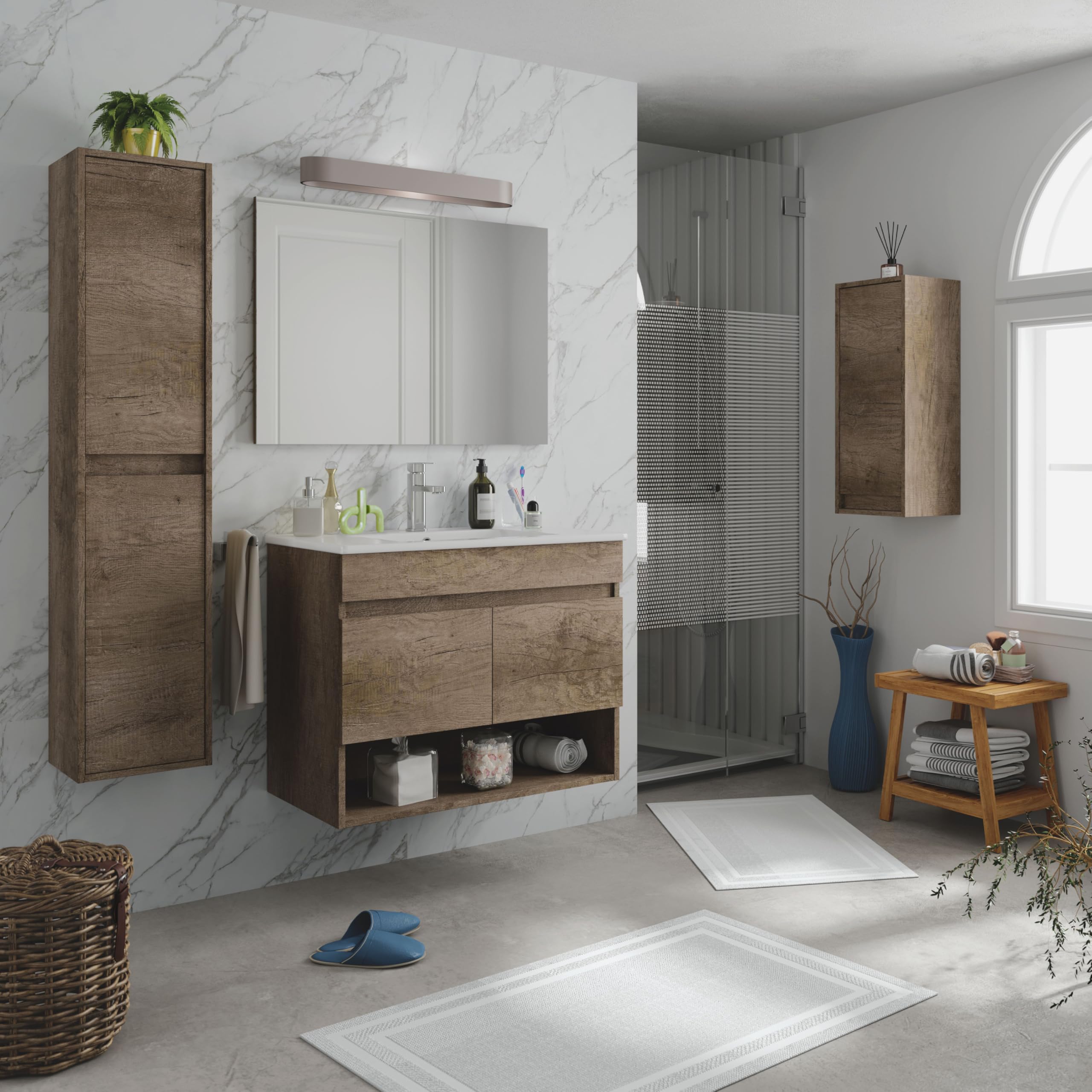 duehome | Mueble de Baño Suspendido con 2 Puertas, Espejo y Lavabo Cerámico, Modulo Colgante, Modelo Thai, Acabado en Nordik, Medidas: 80 cm (Ancho) x 64 cm (Alto) x 45 cm (Fondo)