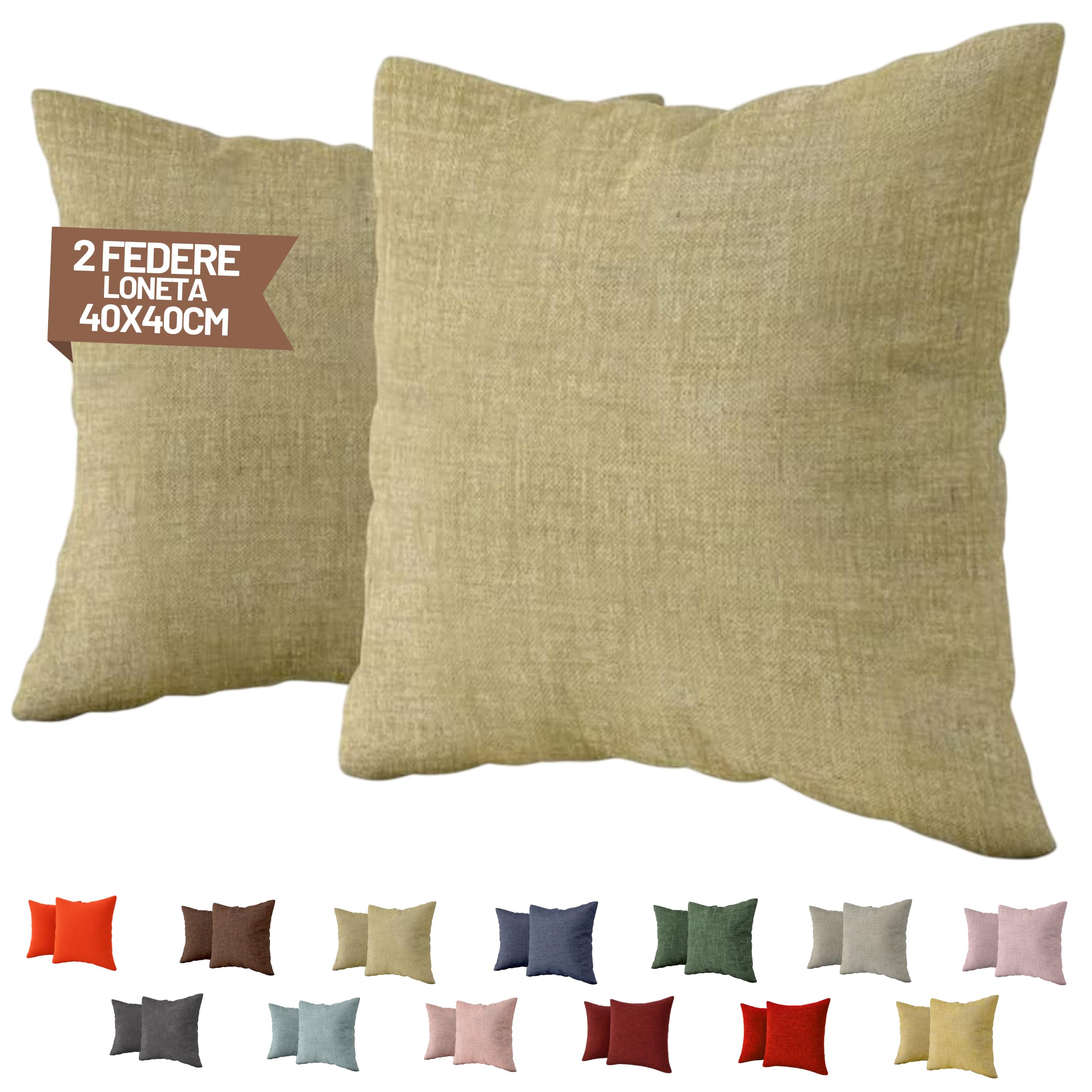 SONIT - Federe Cuscini 40x40 Beige - Set 2 Federe Cuscini Divano in Cotone Loneta con Cerniera Nascosta