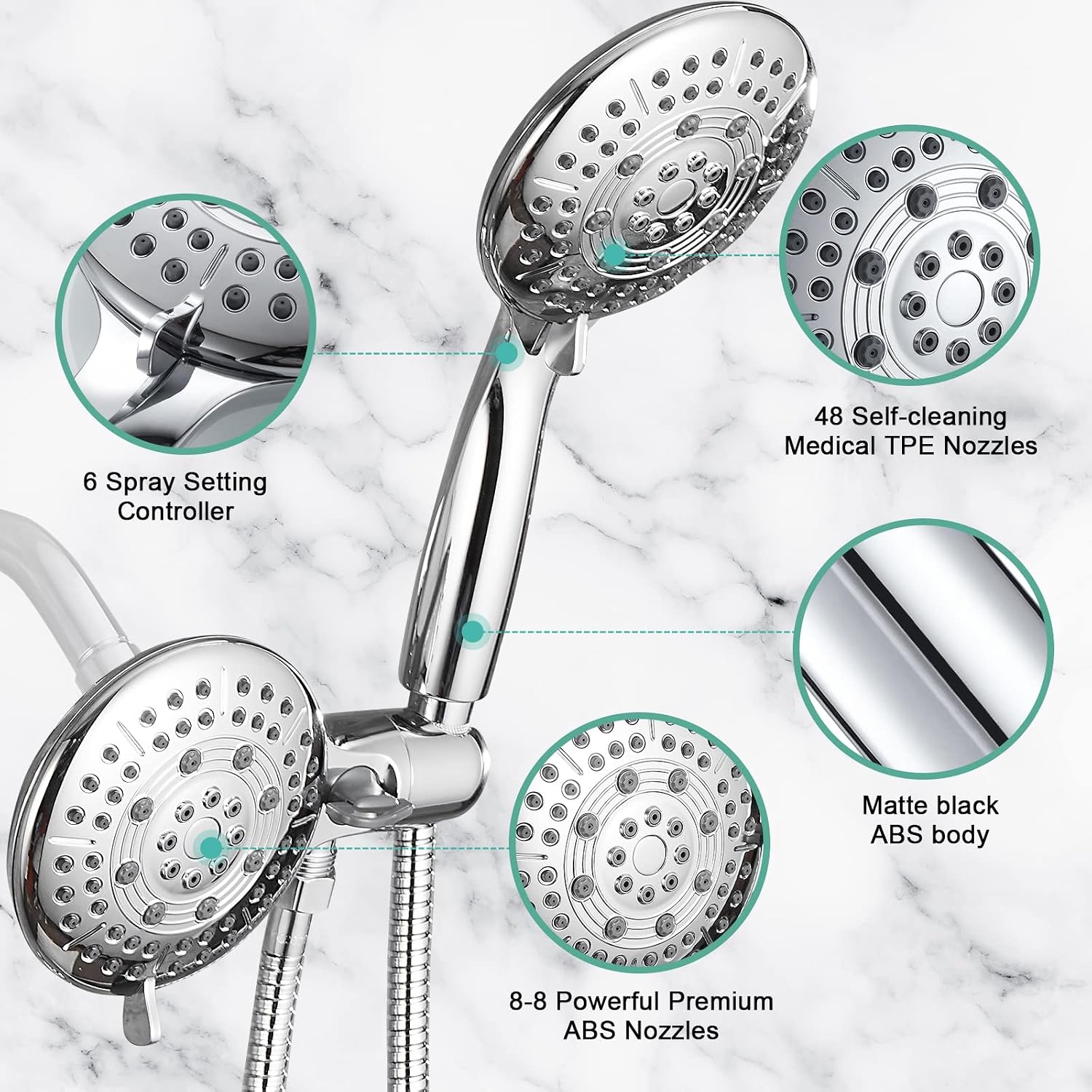 Cobbe 48-Setting High Pressure 3-Way Shower Head Combo, Hand Held Shower & Rain Shower Separately or Together, 4.7" Dual 2 in 1 Showerhead with Stainless Steel Hose - Chrome - U.S. Invention Patents
