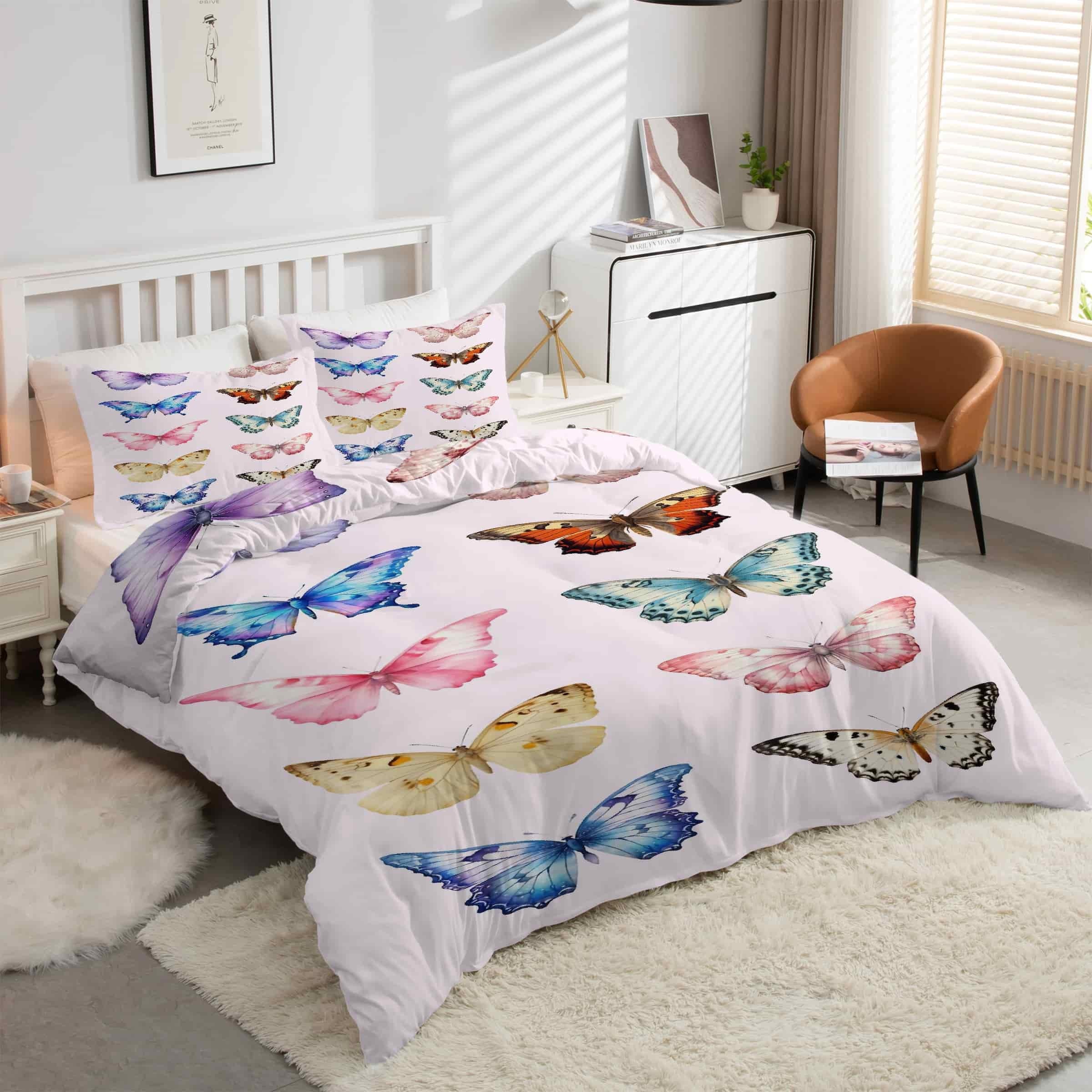 Housse de couette papillon rose 200x200 anti-plis pour un sommeil réparateur