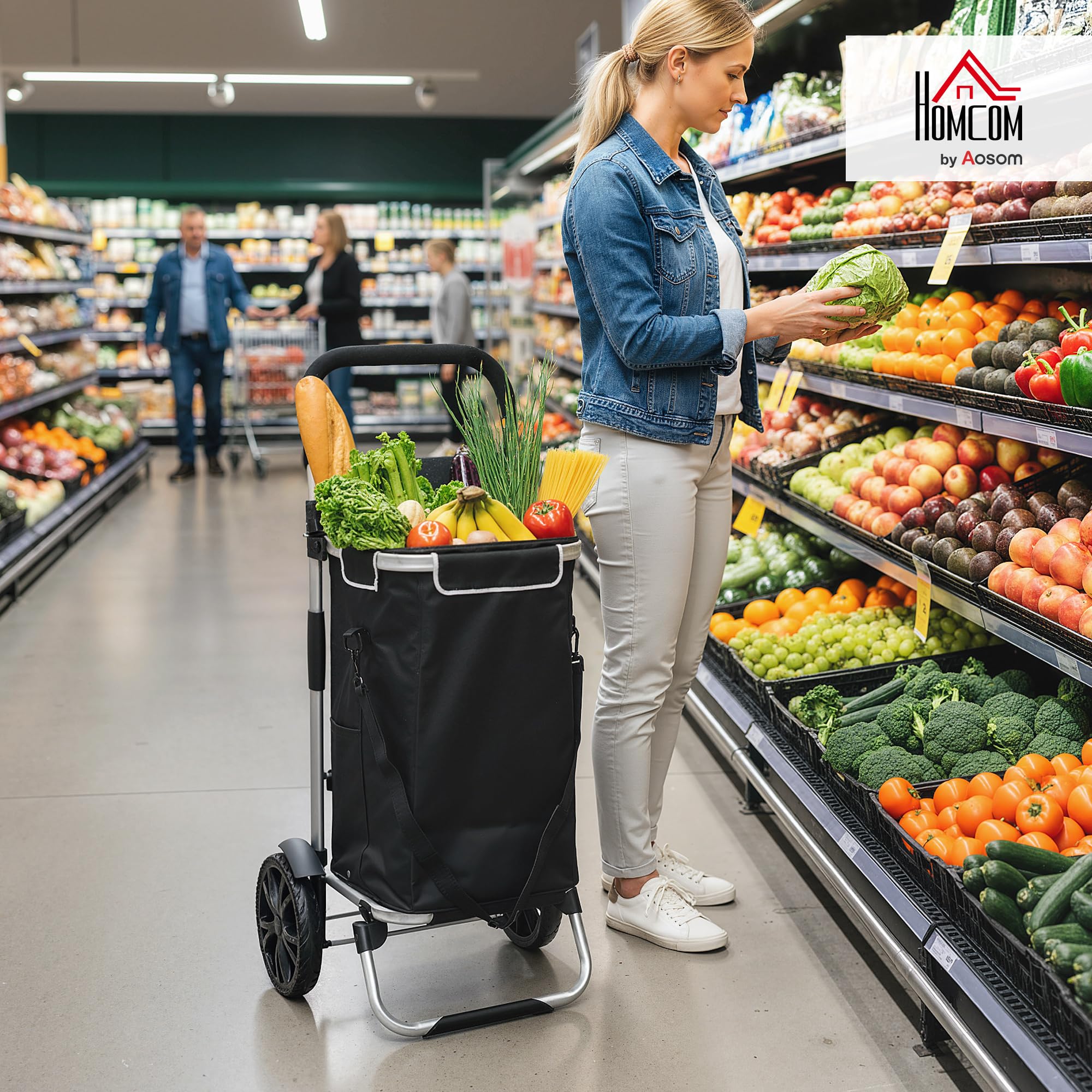 HOMCOM Wózek na zakupy 3 w 1, składany, pojemność 40 l, obciążenie do 25 kg, wózek na zakupy z kieszenią chłodzącą, wózek na ramię, do wchodzenia po schodach, czarny
