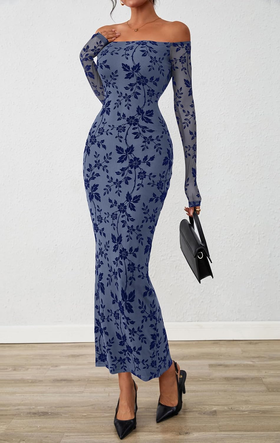 PRETTYGARDEN Womens Off The Shoulder Floral Maxi Bodycon Dress Fall Long Sleeve Mesh Fitted Long Formal Wedding Guest Dresses - Image 4