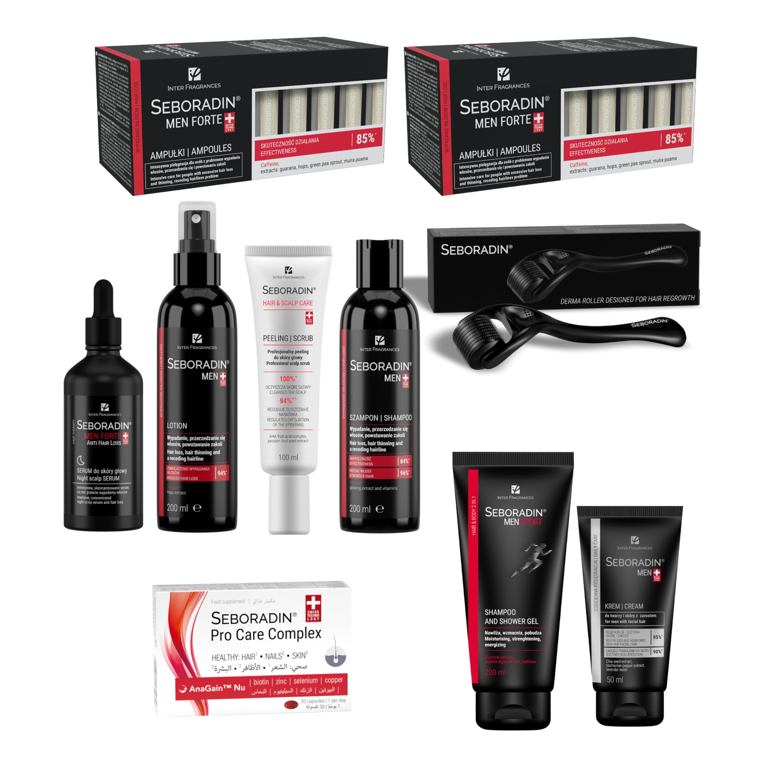Seboradin PRO Uomo – Fiale, Derma Roller, Siero Notte, Shampoo, Lozione | Scrub Pelle Capelli, Crema Viso, Gel Doccia 2in1, Pro Care Complex – linea uomo anticaduta