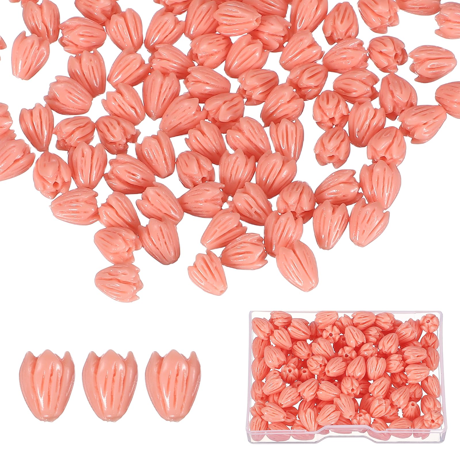 PATIKIL 100 Pcs Coral Flower Beads, 9x6mm Artificial Jasmine Flower Shell Floral Spacer Beads with Transparent Plastic Box for DIY Crafts Accessories, Pink