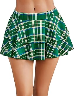 Womens Pleated Mini Skirt Solid Ruffle Lingerie Skirts Layered Y2K Plaid Outfit for Schoolgirl Role Play XS-4XL