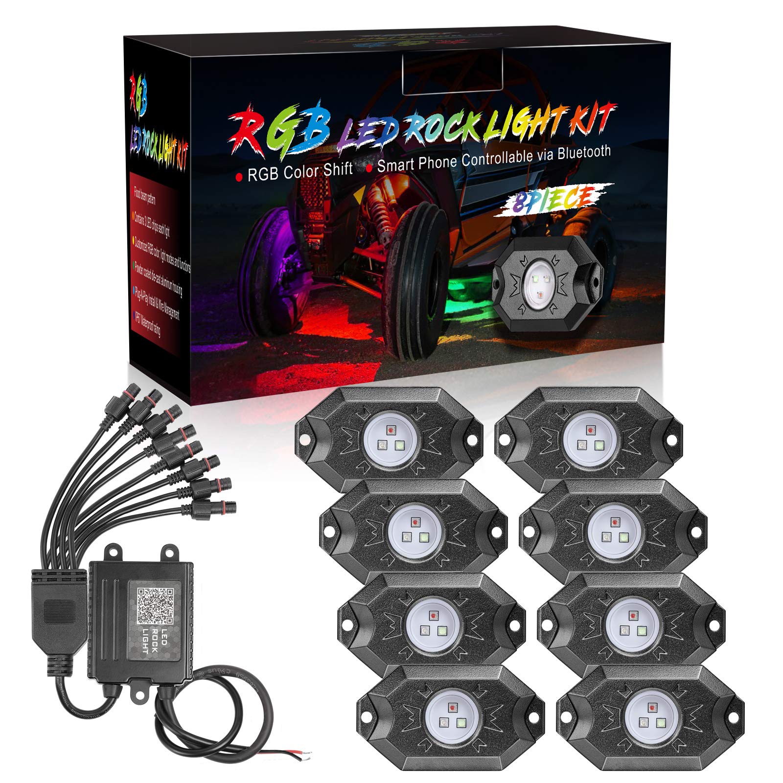 8 Pods RGB LED Rock Light Kits with Bluetooth Controller Waterproof Multicolor Neon LED Lights Underglow Trail Rig Lights for Trucks SUV ATV Boat Motorcycle Off Road