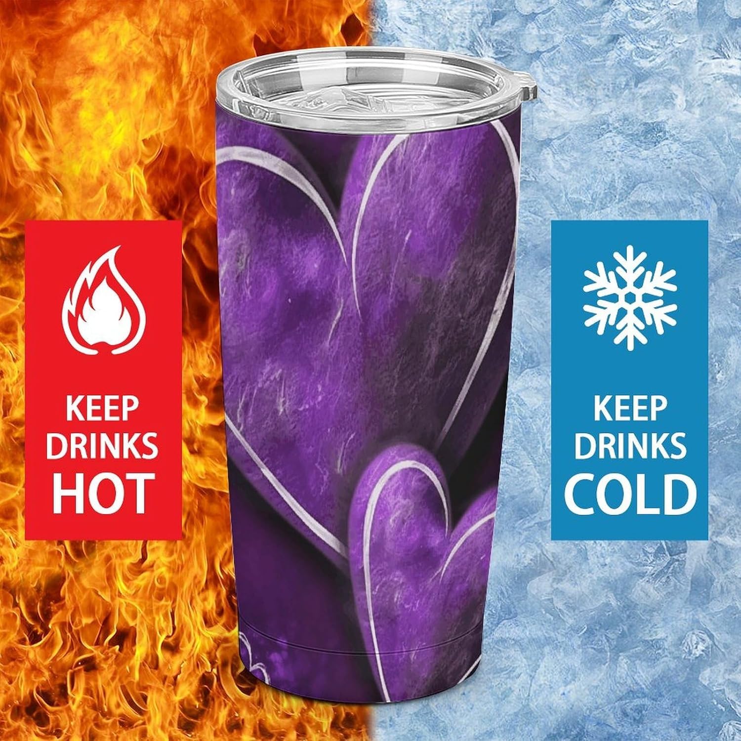 Stainless Steel Tumbler Insulated Purple Hearts Printed Insulated Cup for Travel Reusable Car Cup