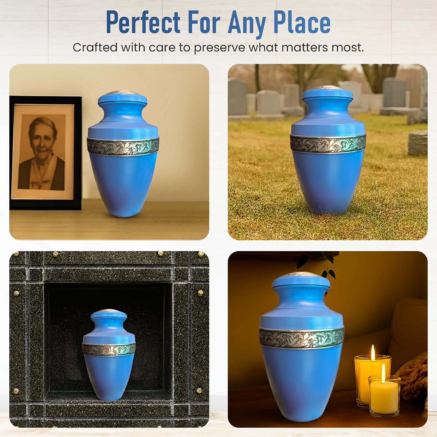 Modern Memorials Cremation Urn for Ashes - Large Urn for Man & Women - 200 Cubic Inches - Includes Velvet Storage Bag - Sky Blue with Silver Band