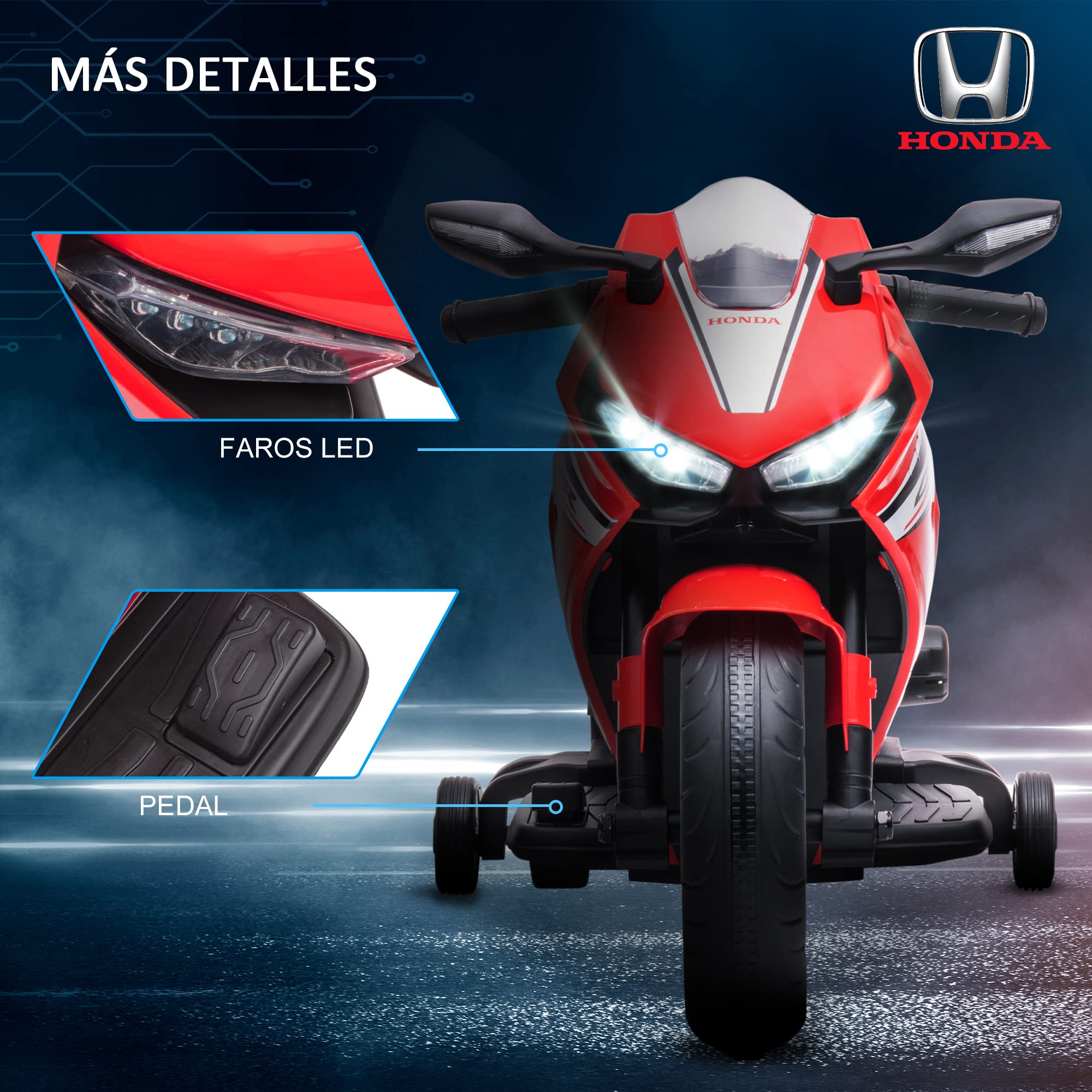 HOMCOM Moto Eléctrica con Licencia Honda para Niños de 3-5 Años Moto a Batería 6V con Faro Bocina Música y Ruedas Auxiliares Extraíbles Carga 30 kg 90x44x52 cm Rojo