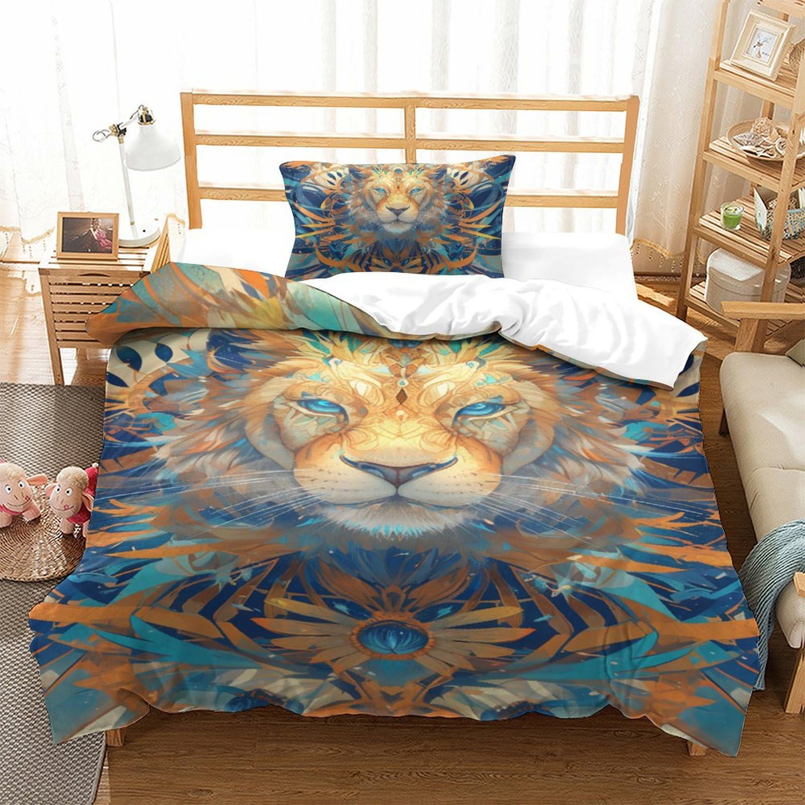 Housse de couette Lion 3D facile à laver, linge de lit enfant avec fermeture éclair