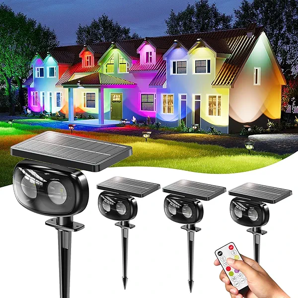 MOFOYEAH 4 Pack Solar Spot Lights Outdoor Waterproof IP68, Super Bright LED Landscape Lighting with 9 Colors 3 Brightness Fixable Colors for Yard Pathway Garden House Lawn